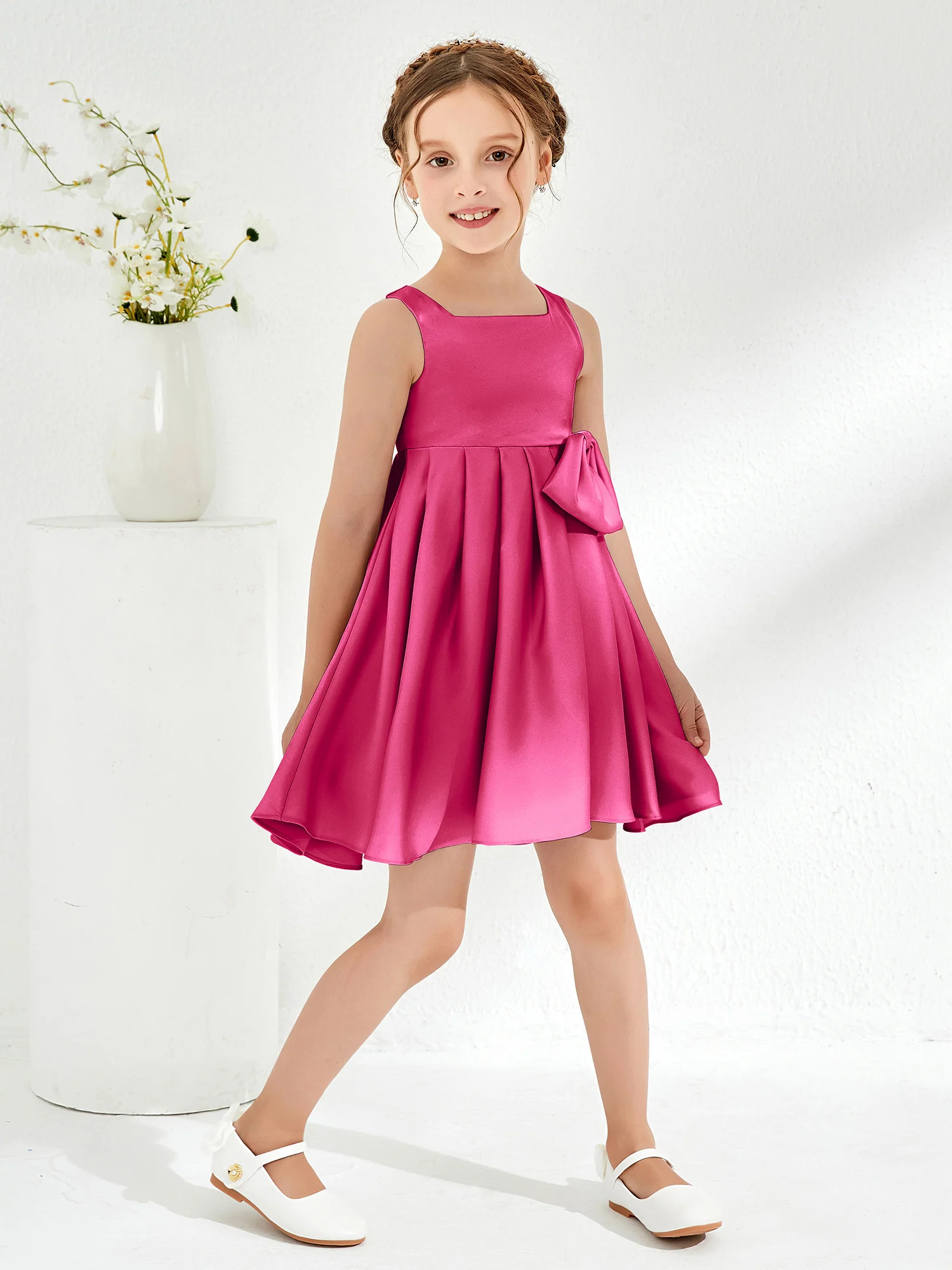 Square Pleated Knee-Length Girl's Dress with Bow Fuchsia - Image 3