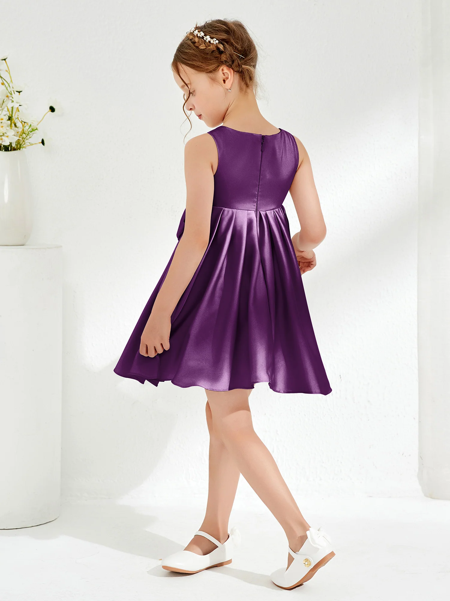 Square Pleated Knee-Length Girl's Dress with Bow Grape - Image 2