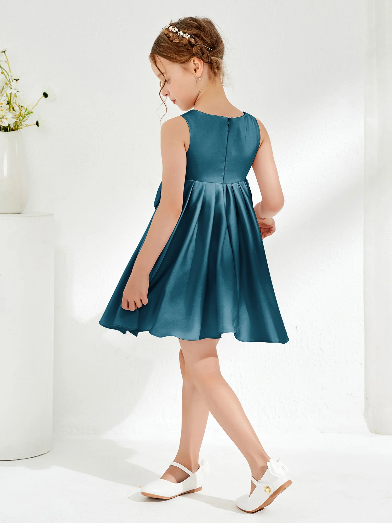 Square Pleated Knee-Length Girl's Dress with Bow Ink Blue - Image 2