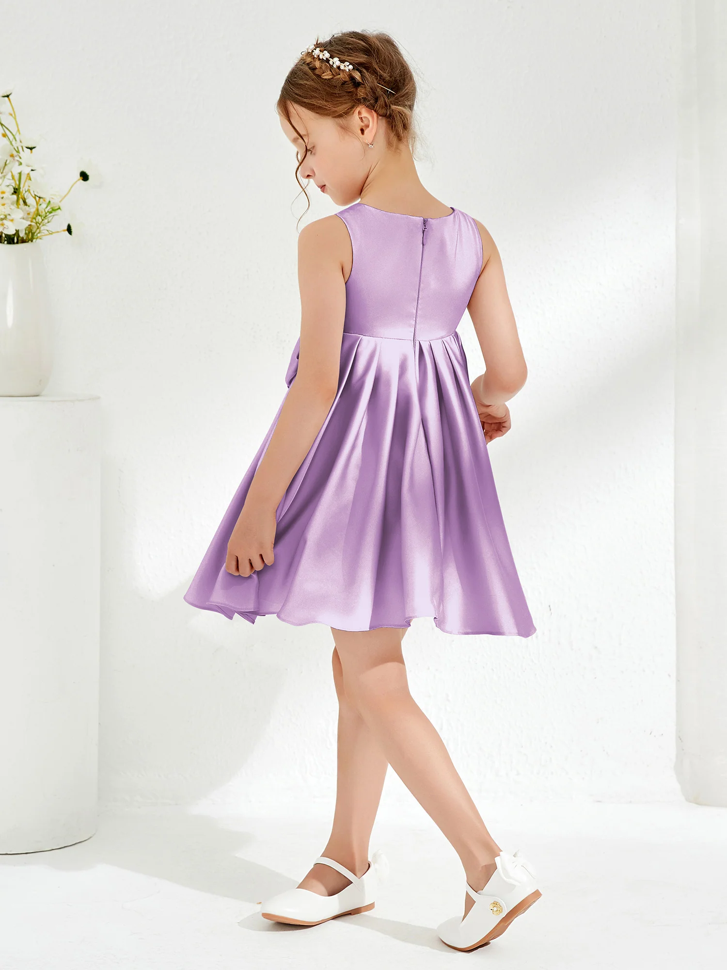 Square Pleated Knee-Length Girl's Dress with Bow Lilac - Image 2