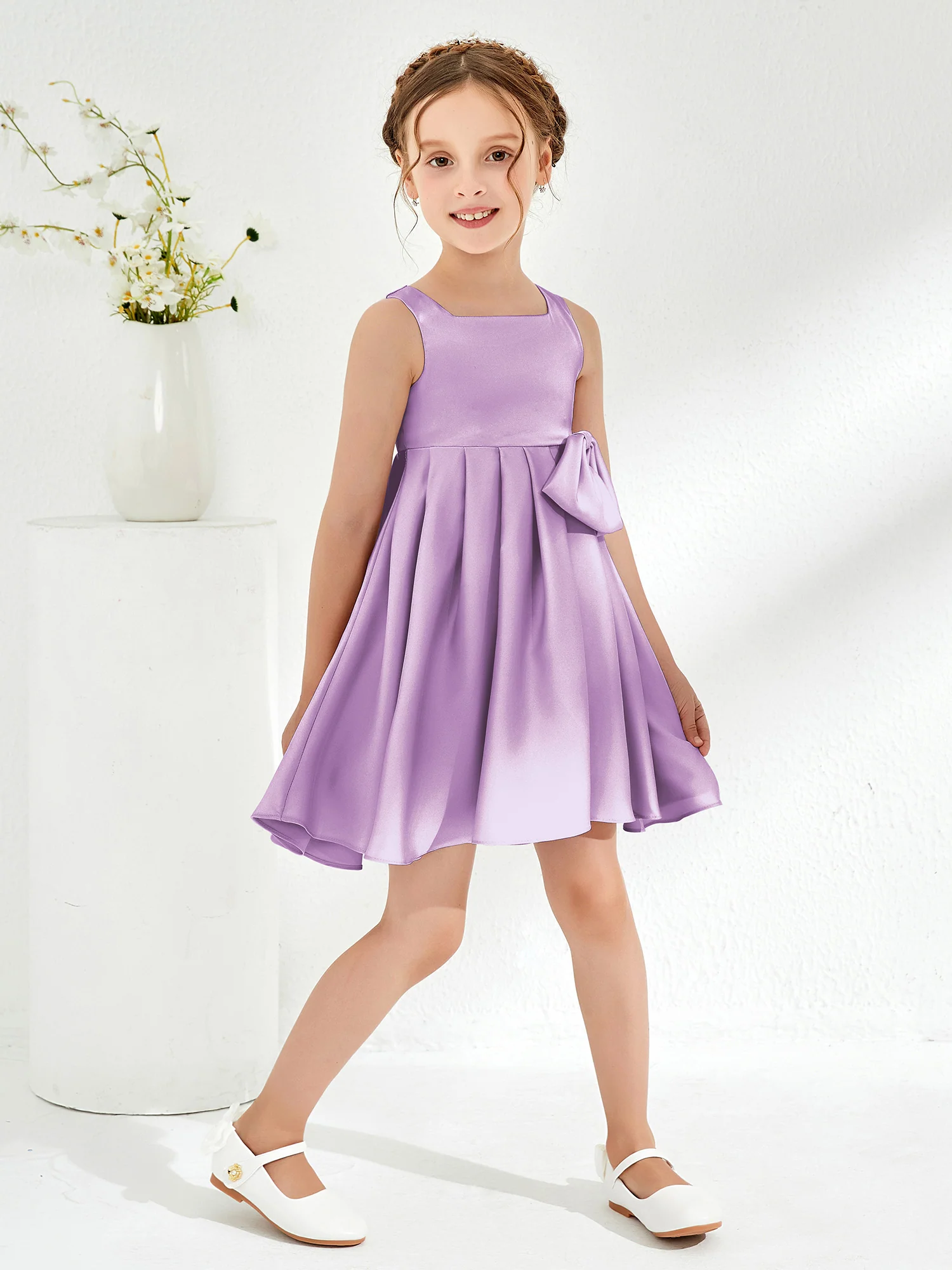 Square Pleated Knee-Length Girl's Dress with Bow Lilac - Image 3
