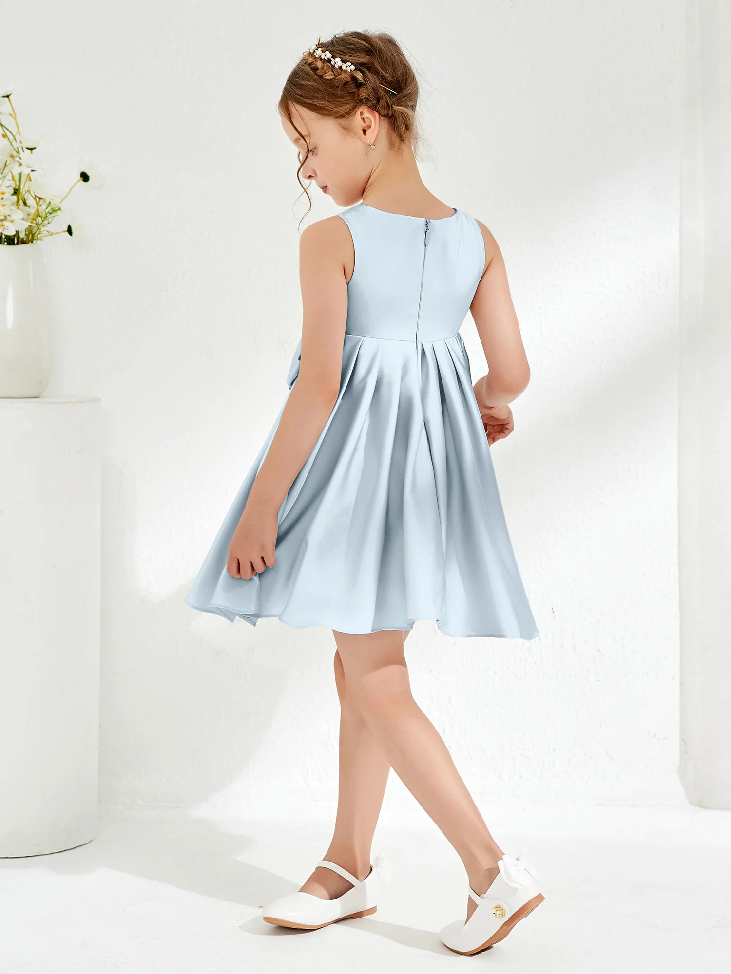 Square Pleated Knee-Length Girl's Dress with Bow Mist - Image 2