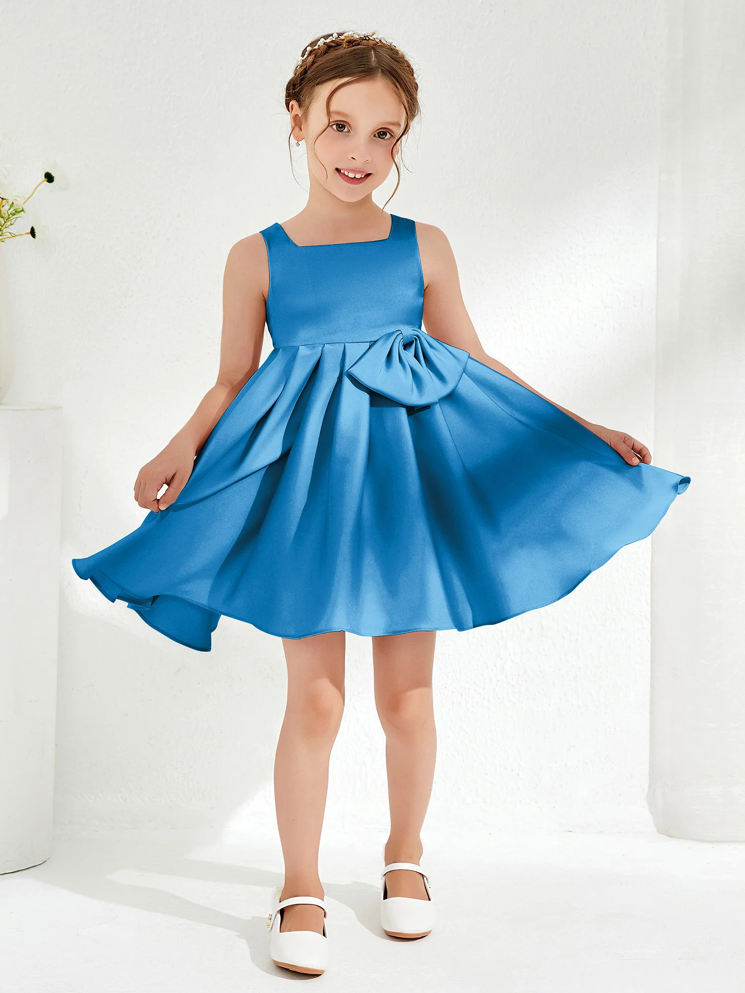 Square Pleated Knee-Length Girl's Dress with Bow Ocean Blue