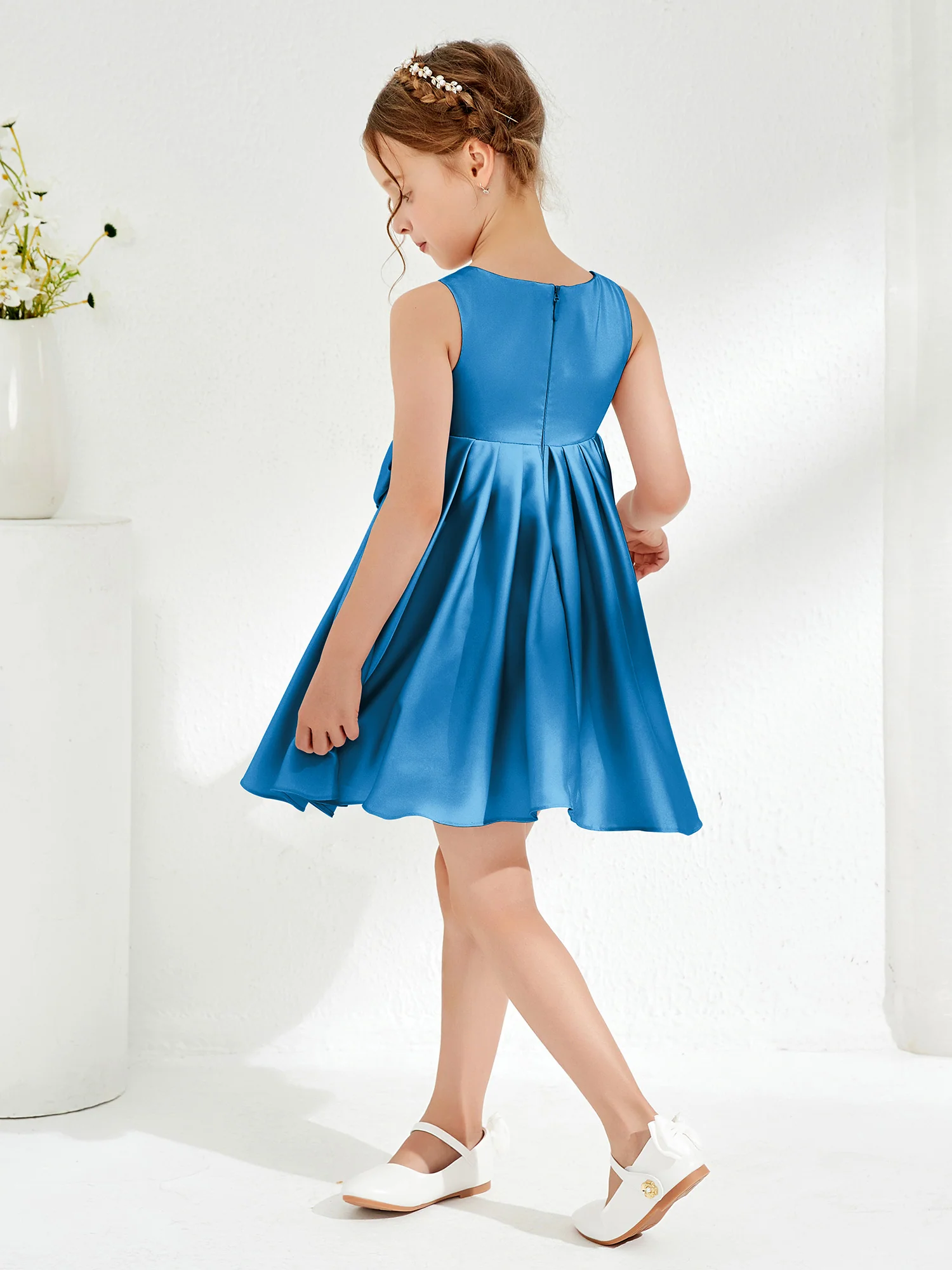 Square Pleated Knee-Length Girl's Dress with Bow Ocean Blue - Image 2