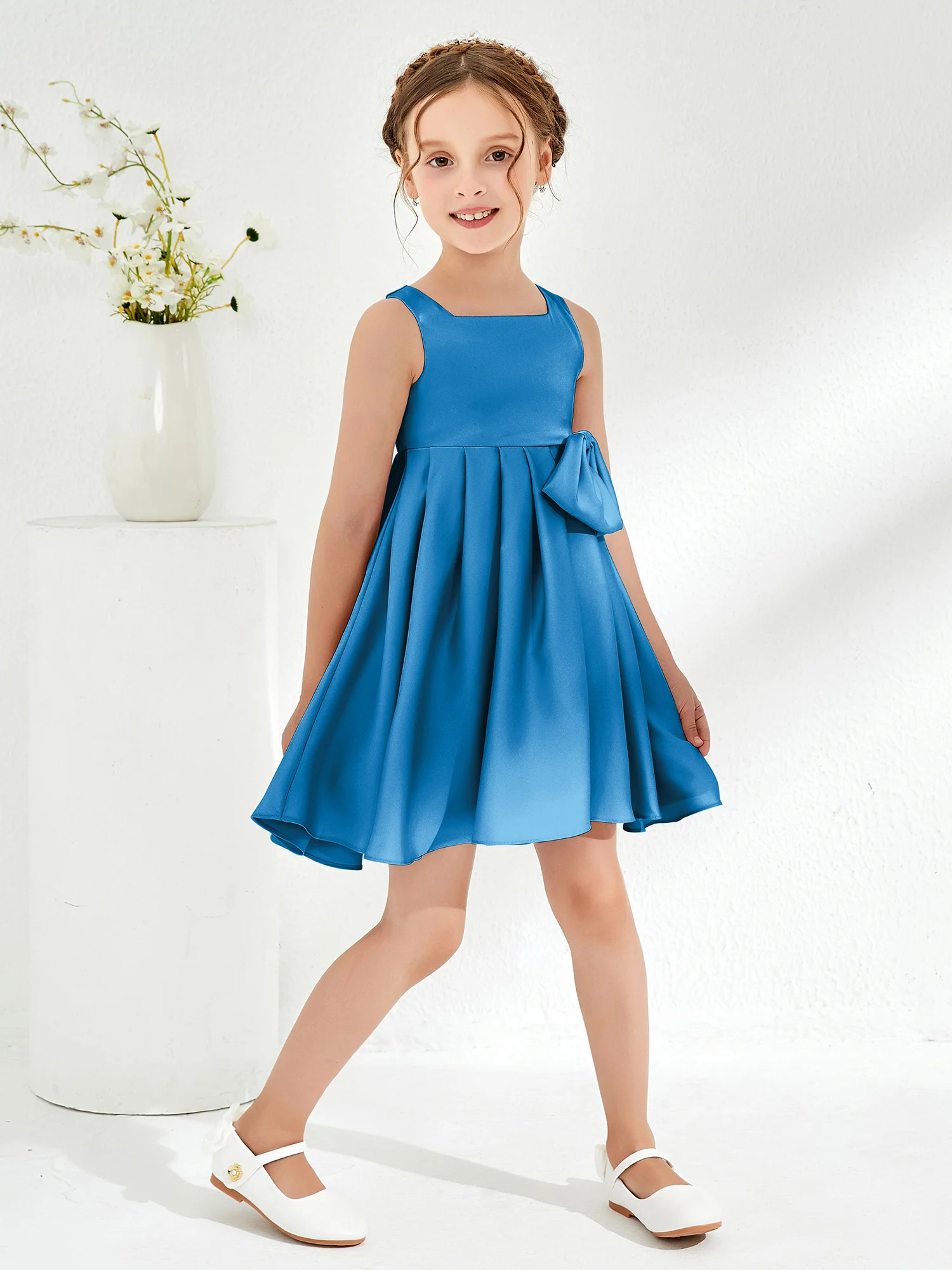 Square Pleated Knee-Length Girl's Dress with Bow Ocean Blue - Image 3