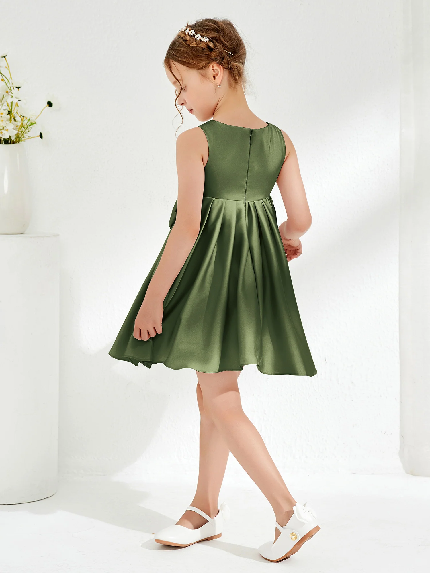 Square Pleated Knee-Length Girl's Dress with Bow Olive Green - Image 2