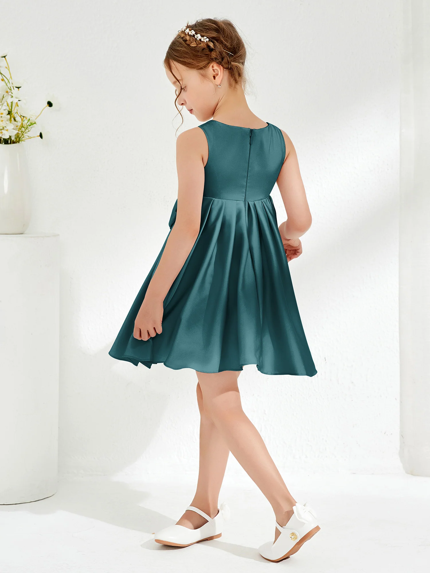 Square Pleated Knee-Length Girl's Dress with Bow Peacock - Image 2