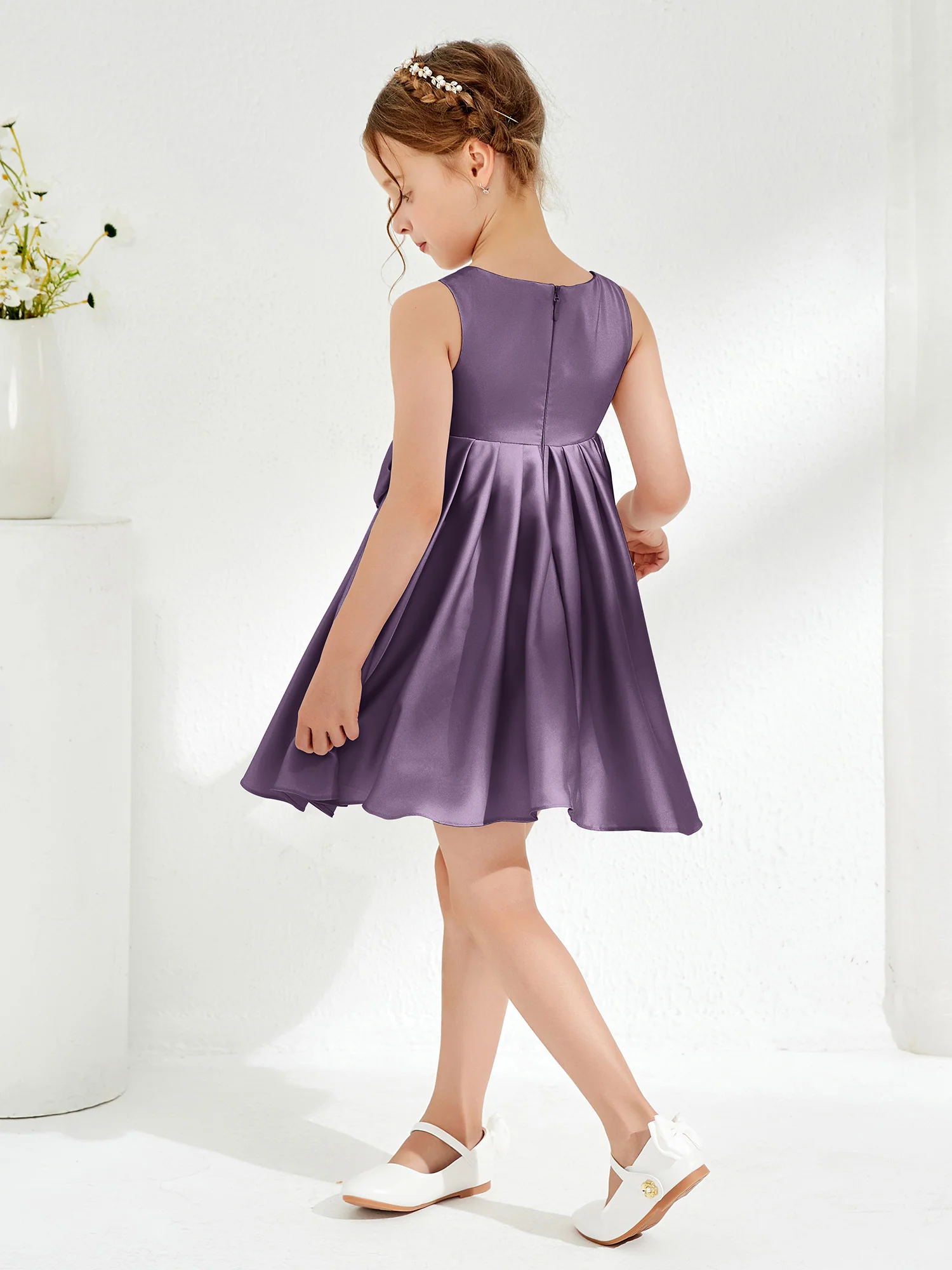 Square Pleated Knee-Length Girl's Dress with Bow Plum - Image 2