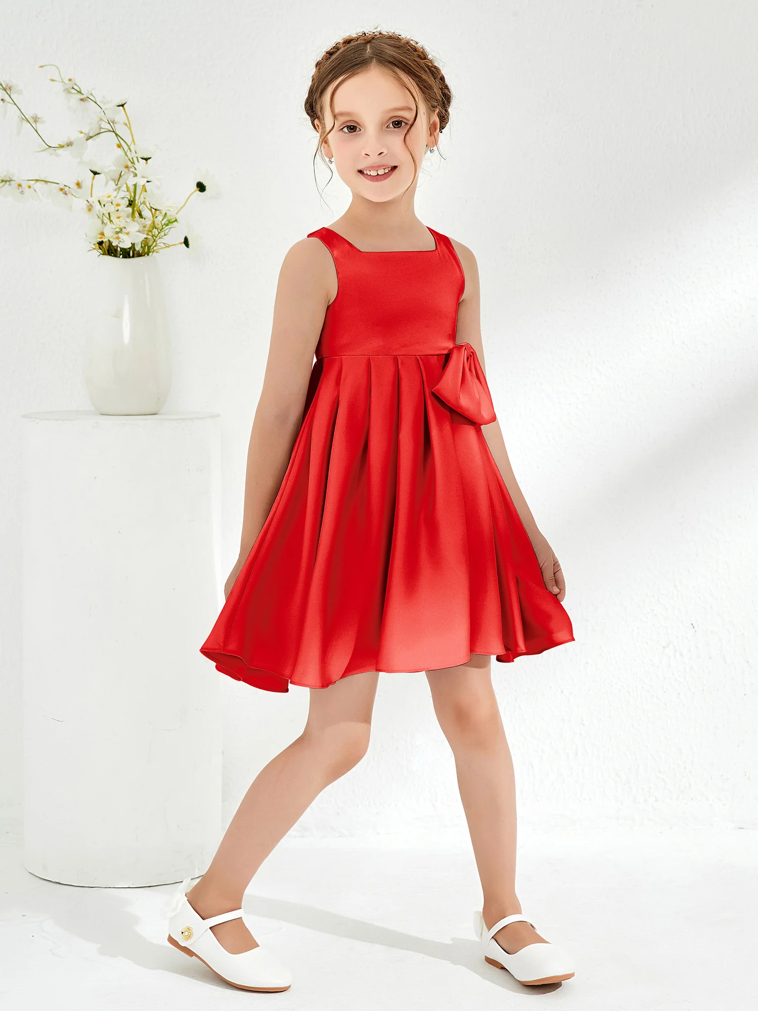 Square Pleated Knee-Length Girl's Dress with Bow Red - Image 3