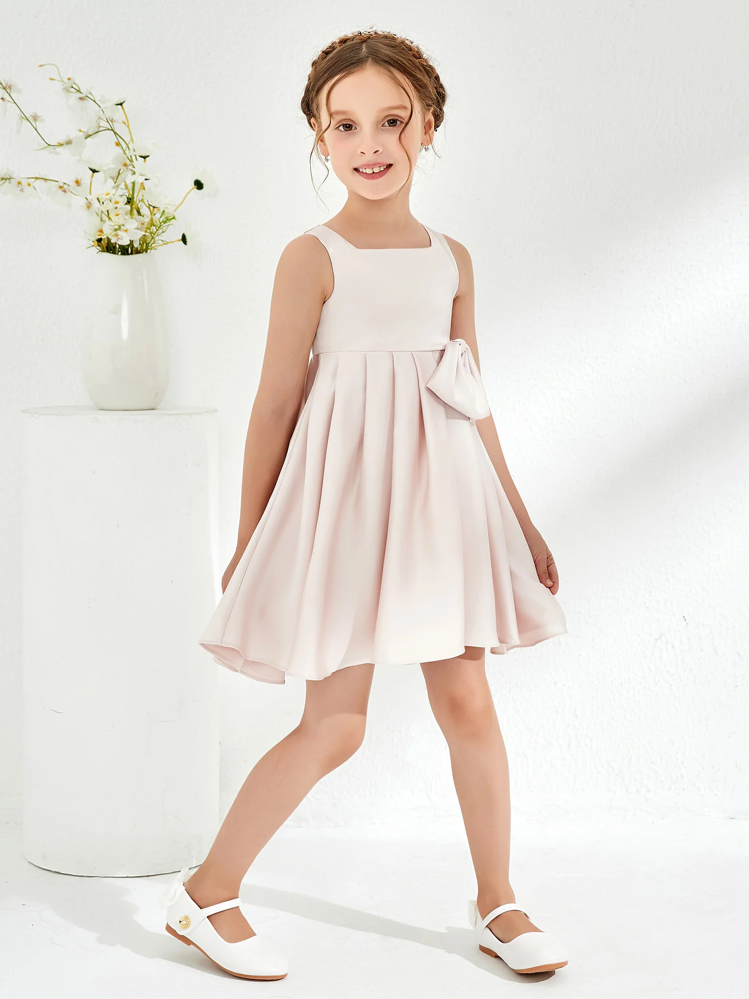 Square Pleated Knee-Length Girl's Dress with Bow Rose Petal - Image 3