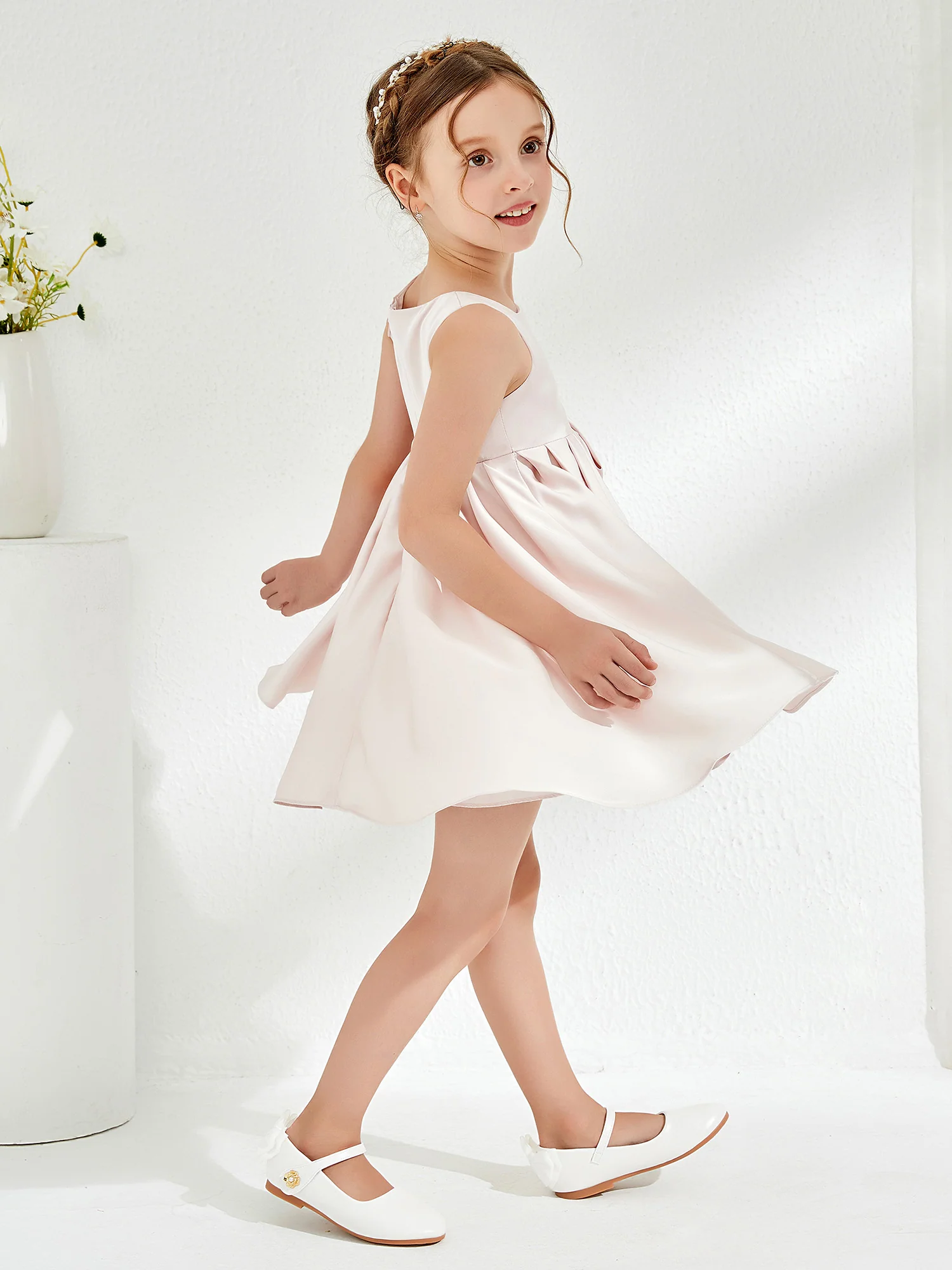 Square Pleated Knee-Length Girl's Dress with Bow Rose Petal - Image 4