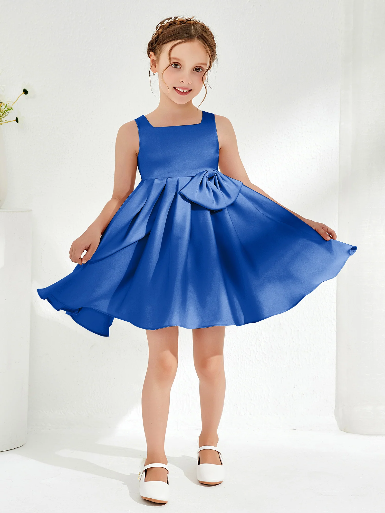 Square Pleated Knee-Length Girl's Dress with Bow Royal Blue