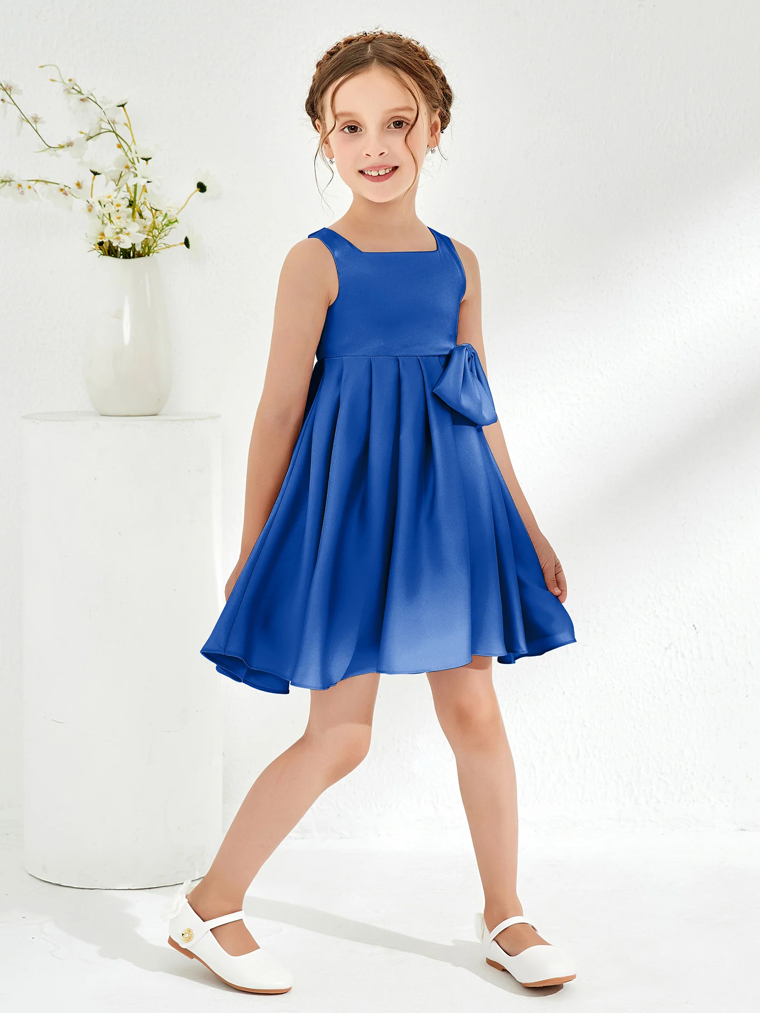 Square Pleated Knee-Length Girl's Dress with Bow Royal Blue - Image 3