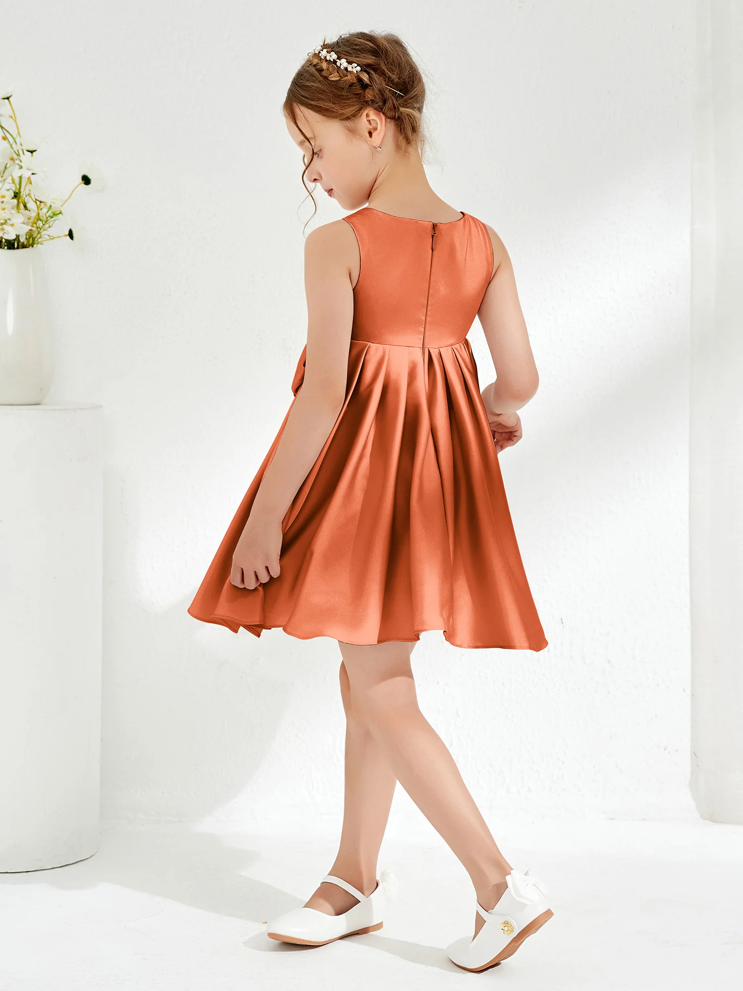 Square Pleated Knee-Length Girl's Dress with Bow Rust - Image 2