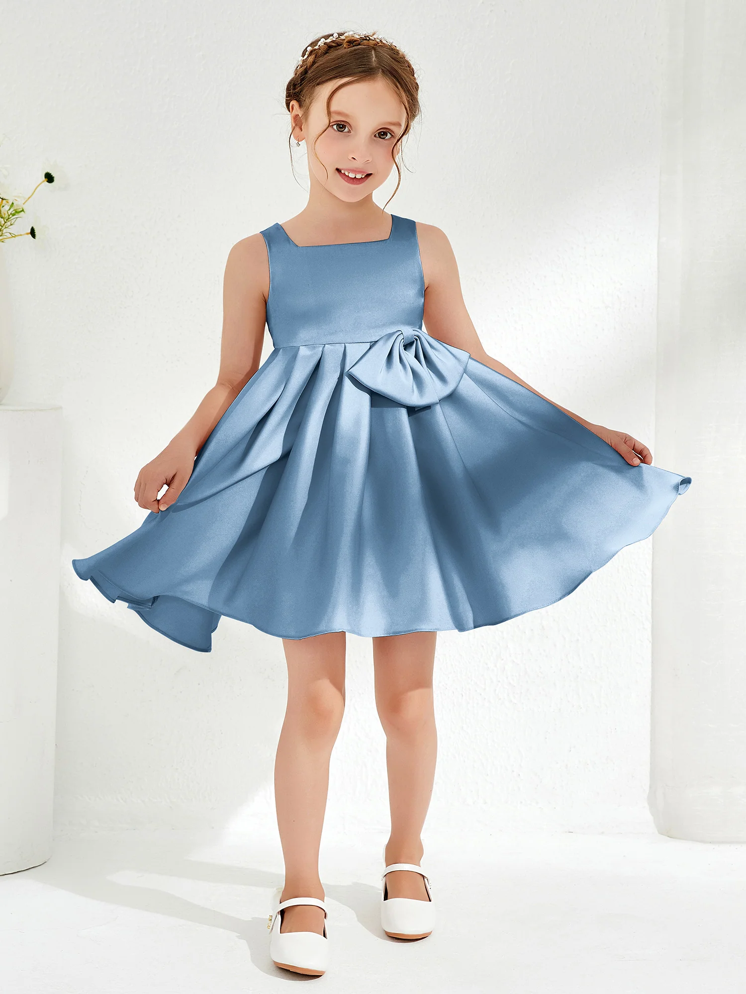 Square Pleated Knee-Length Girl's Dress with Bow Slate Blue