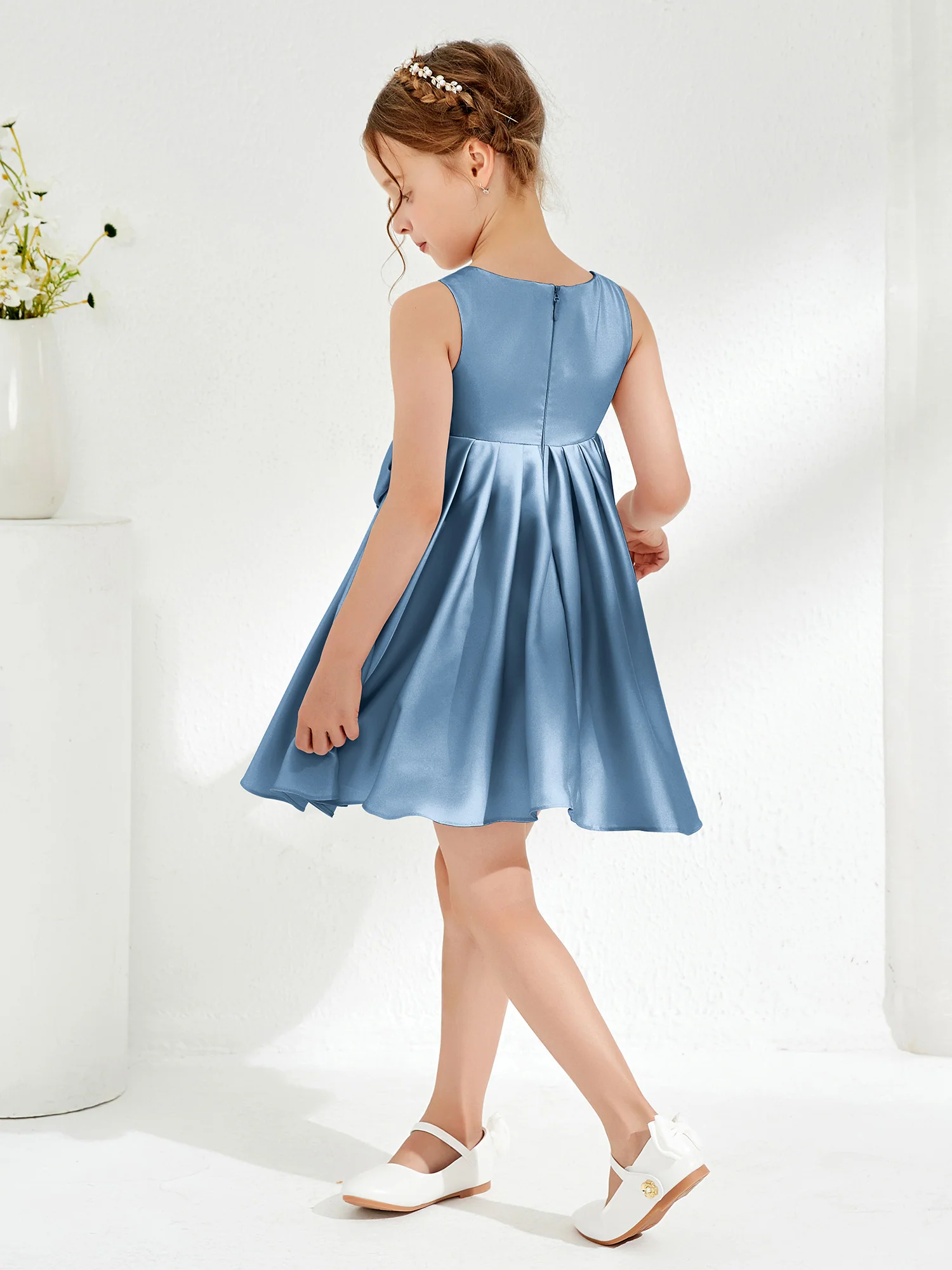 Square Pleated Knee-Length Girl's Dress with Bow Slate Blue - Image 2