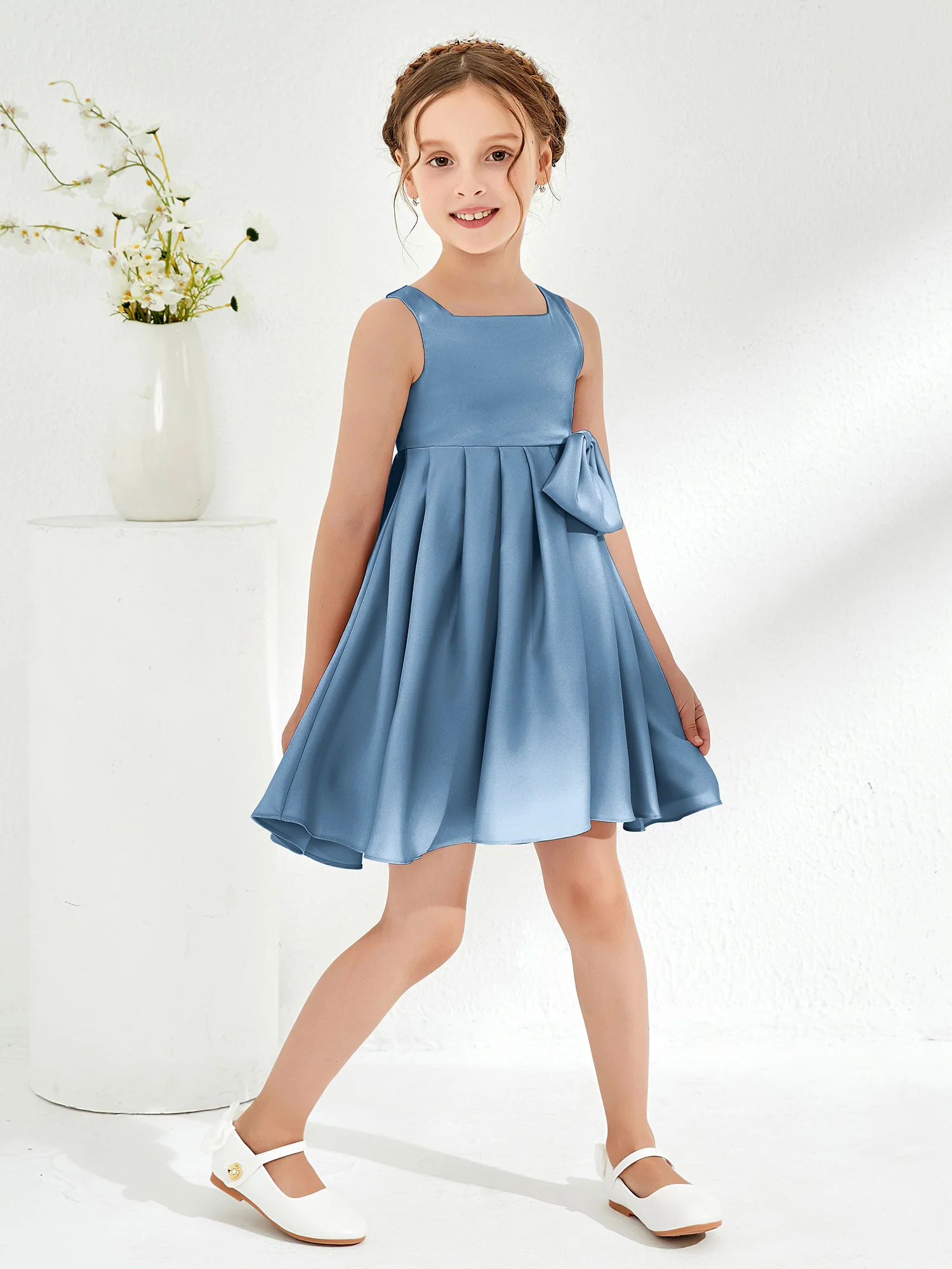 Square Pleated Knee-Length Girl's Dress with Bow Slate Blue - Image 3
