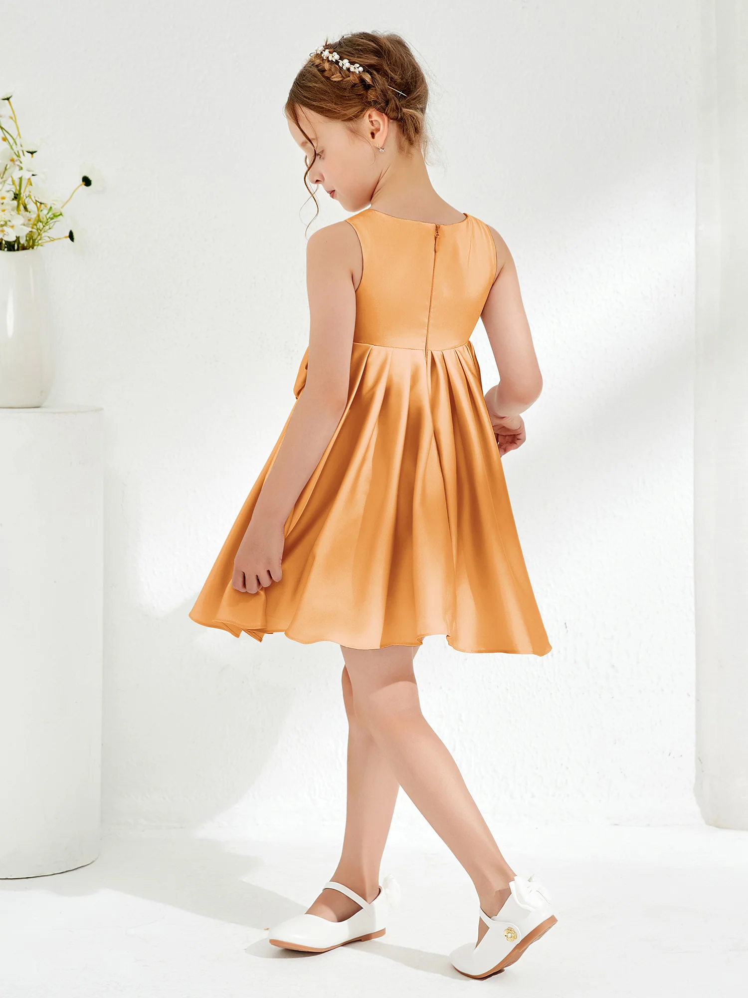 Square Pleated Knee-Length Girl's Dress with Bow Tangerine - Image 2