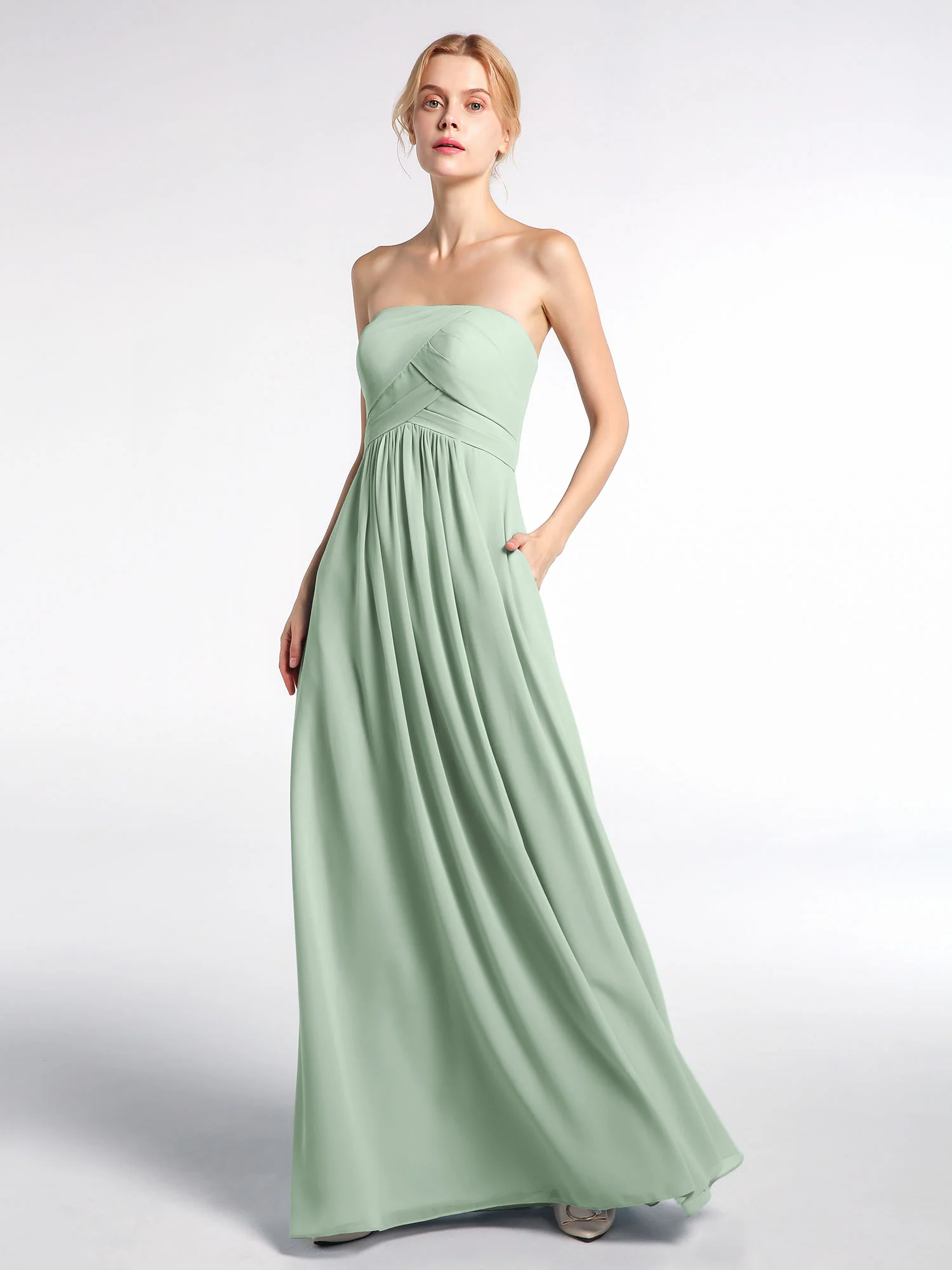 Strapless Chiffon Empire Waist Dress with Pockets-Agave