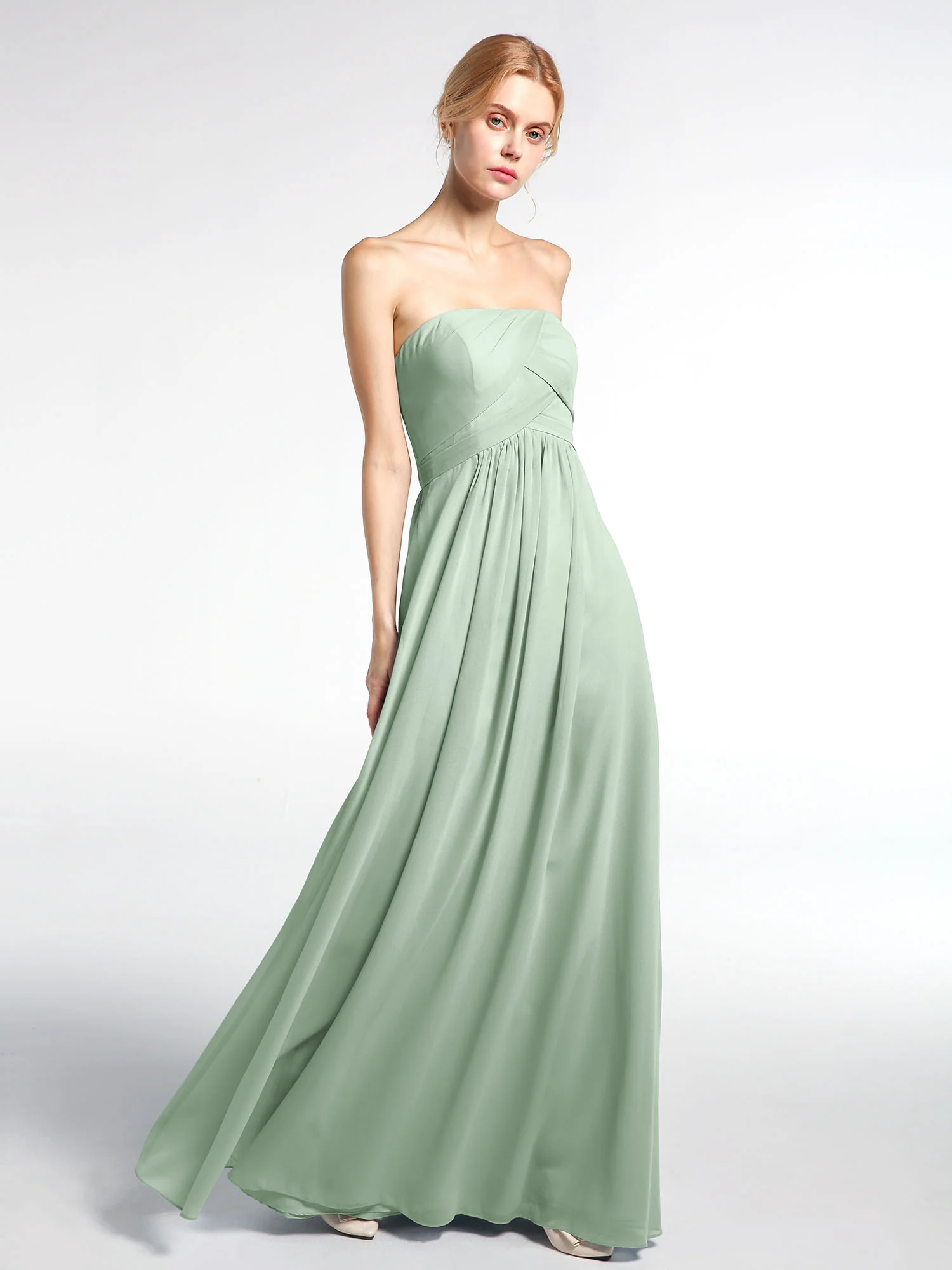Strapless Chiffon Empire Waist Dress with Pockets-Agave - Image 3
