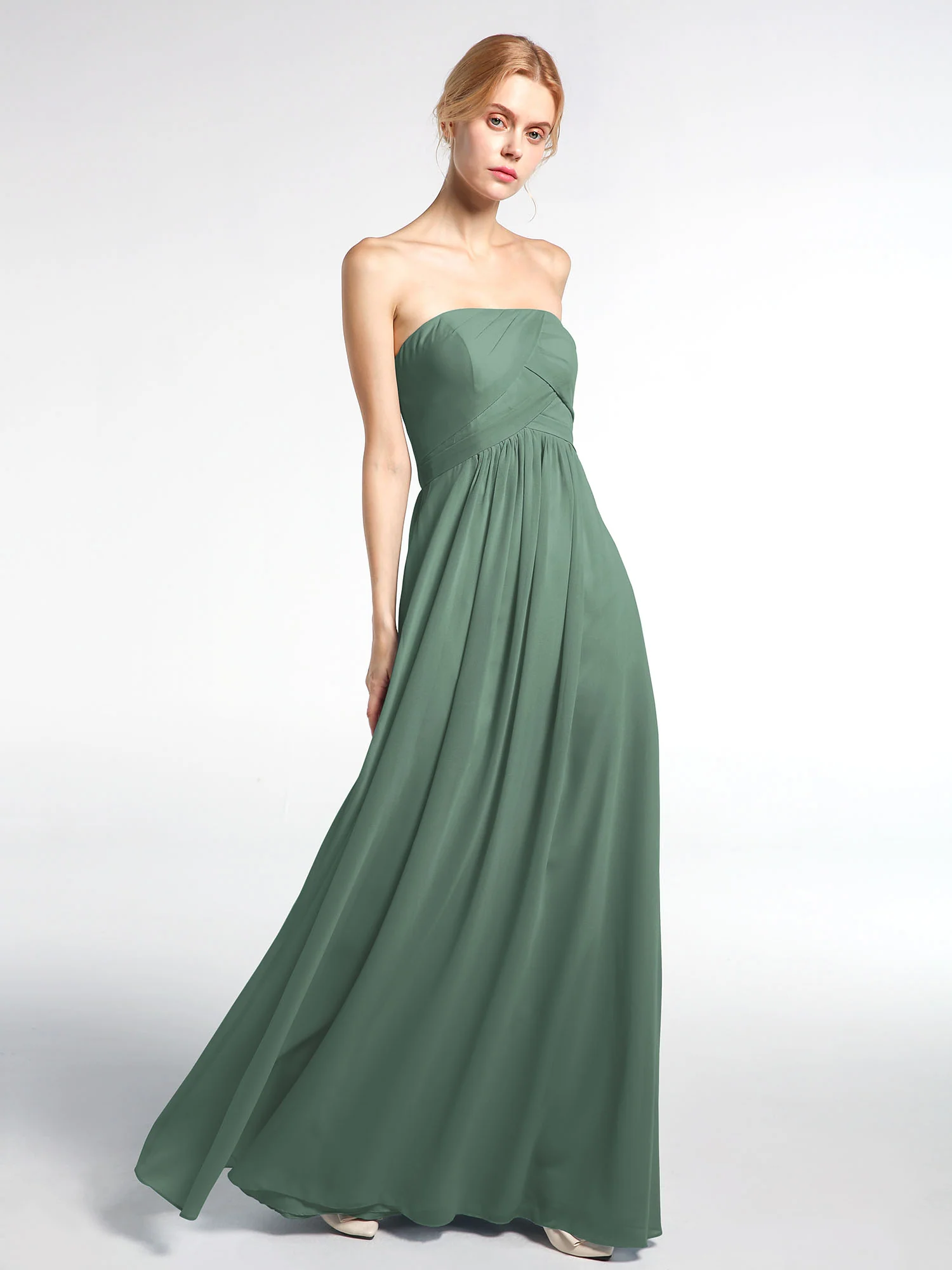 Strapless Chiffon Empire Waist Dress with Pockets-Eucalyptus - Image 3