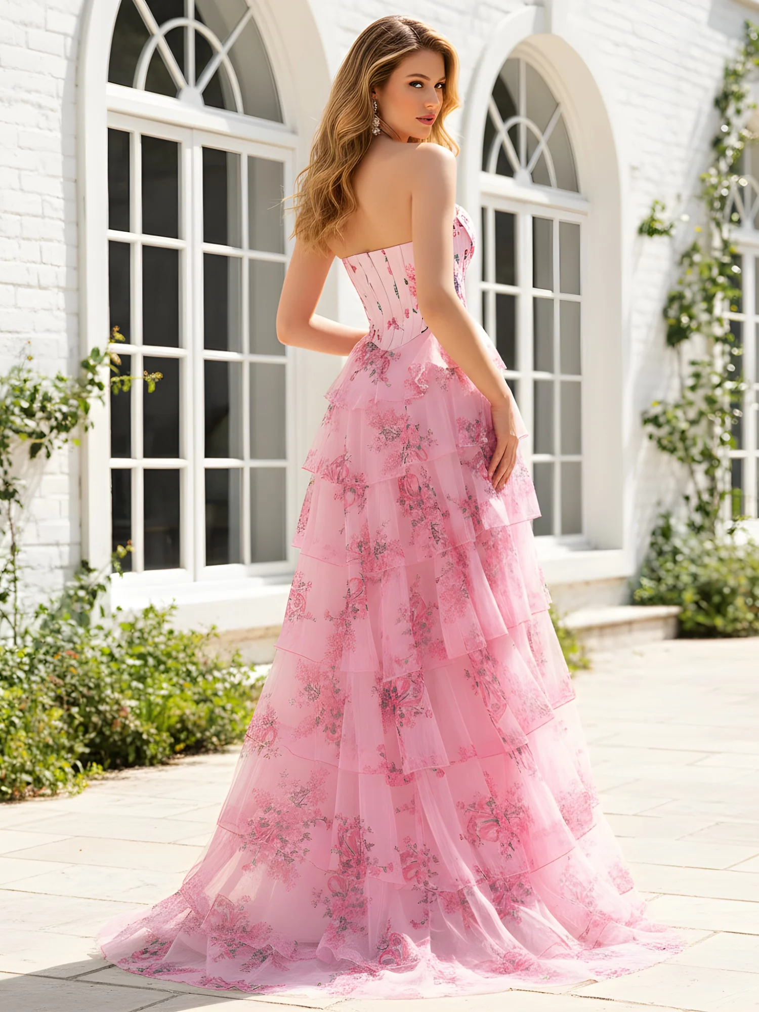 Strapless Corset A-Line Floral Tiered Dress With Slit Pink - Image 2
