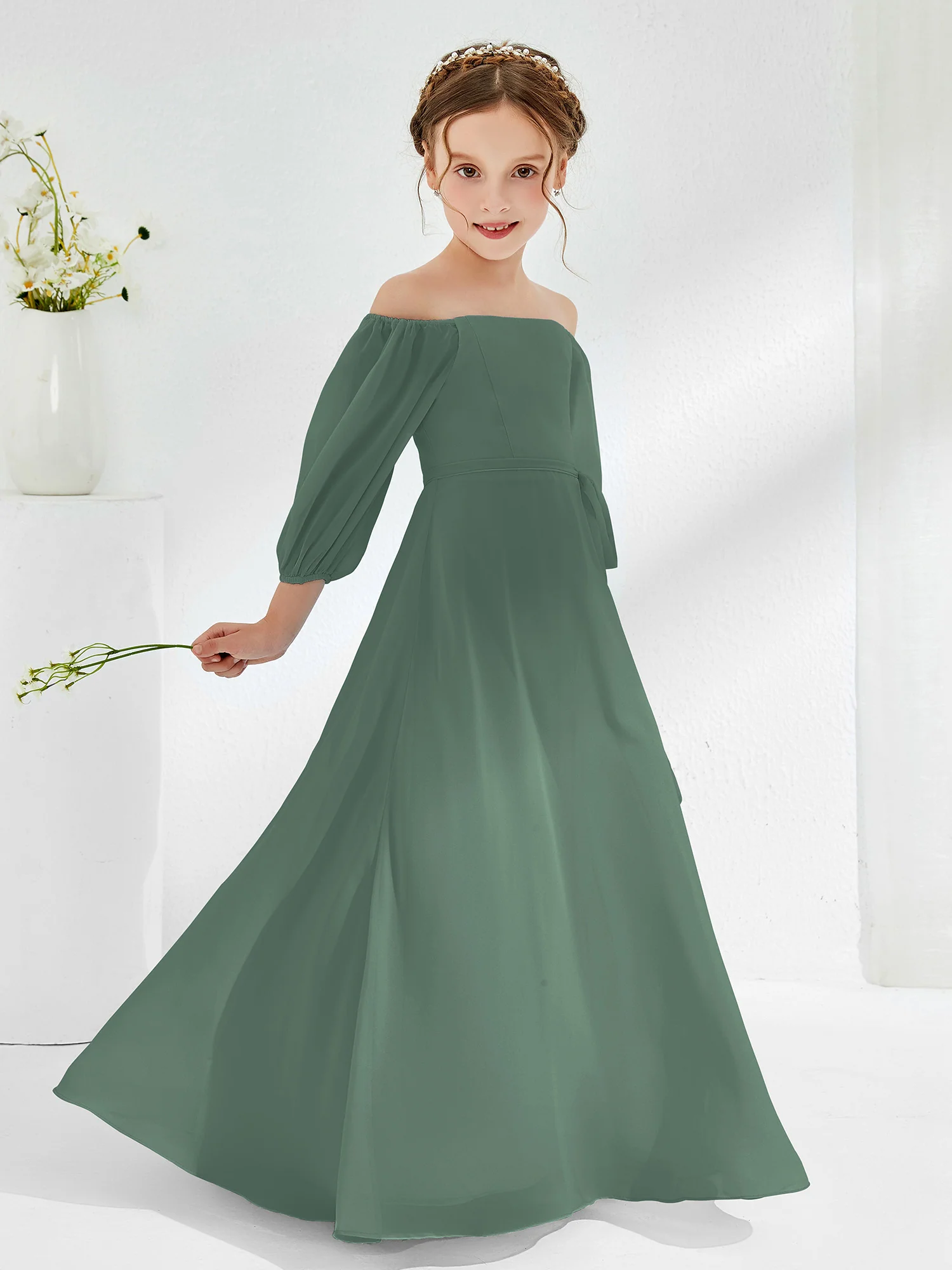 Strapless Floor-length Chiffon Junior Bridesmaid Dresses Eucalyptus - Image 3