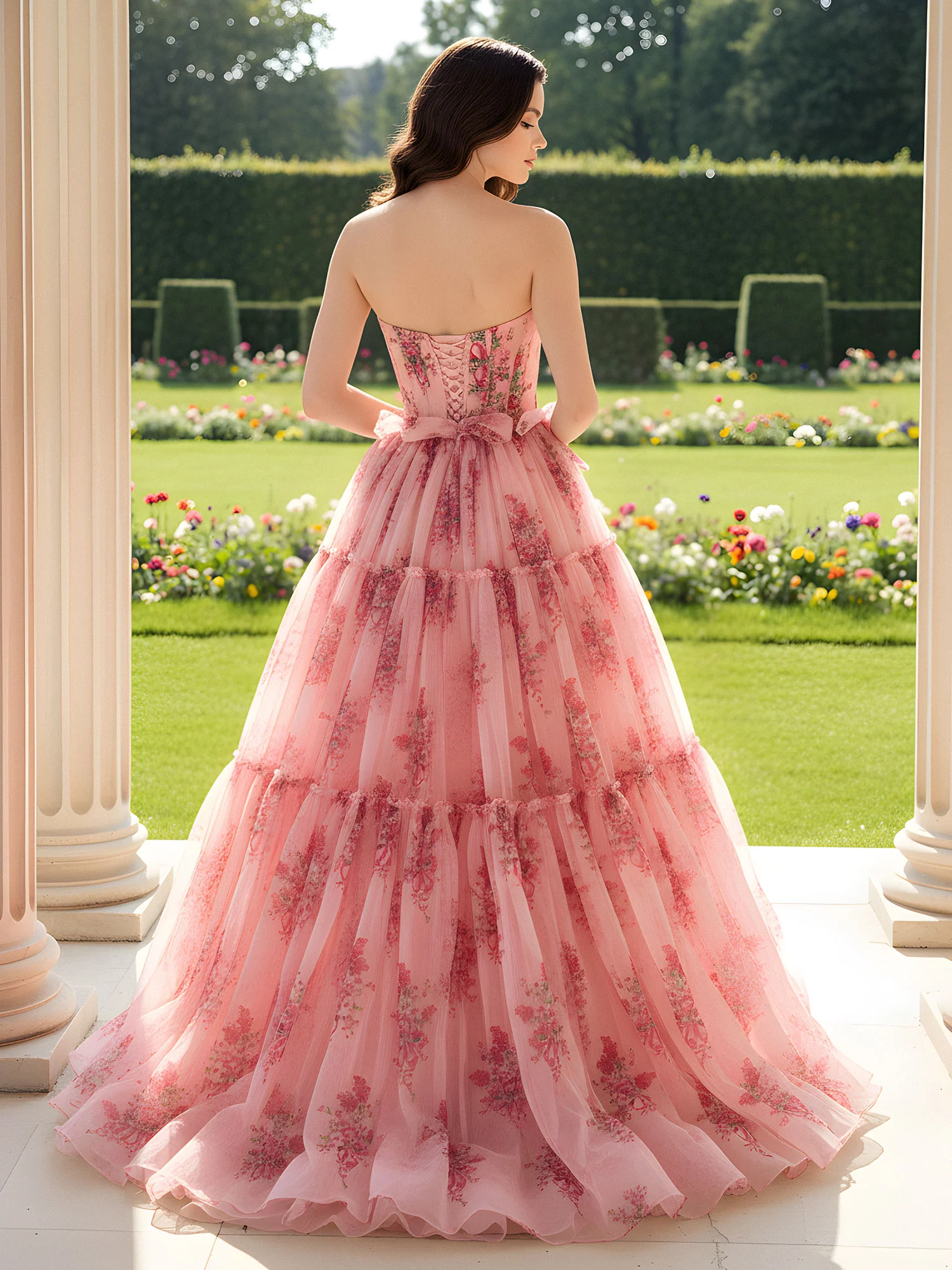 Strapless Floral Print Ruched Sweep Train Dress As Picture - Image 2