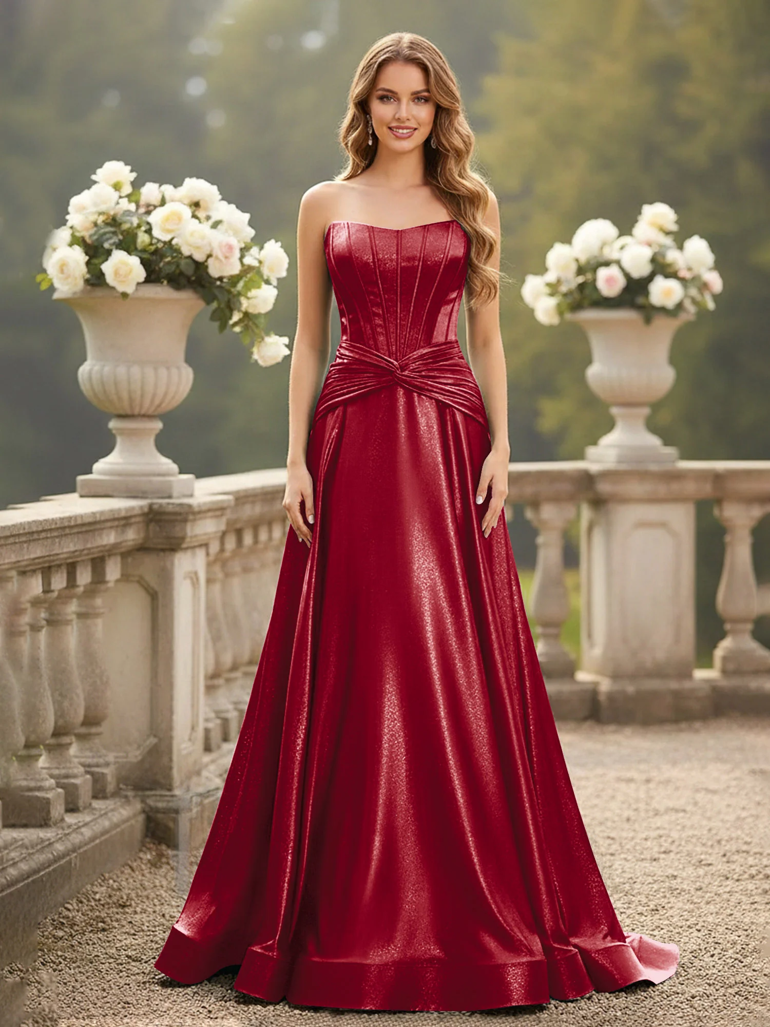 Strapless Pleated A-Line Sweep Train Gown Burgundy