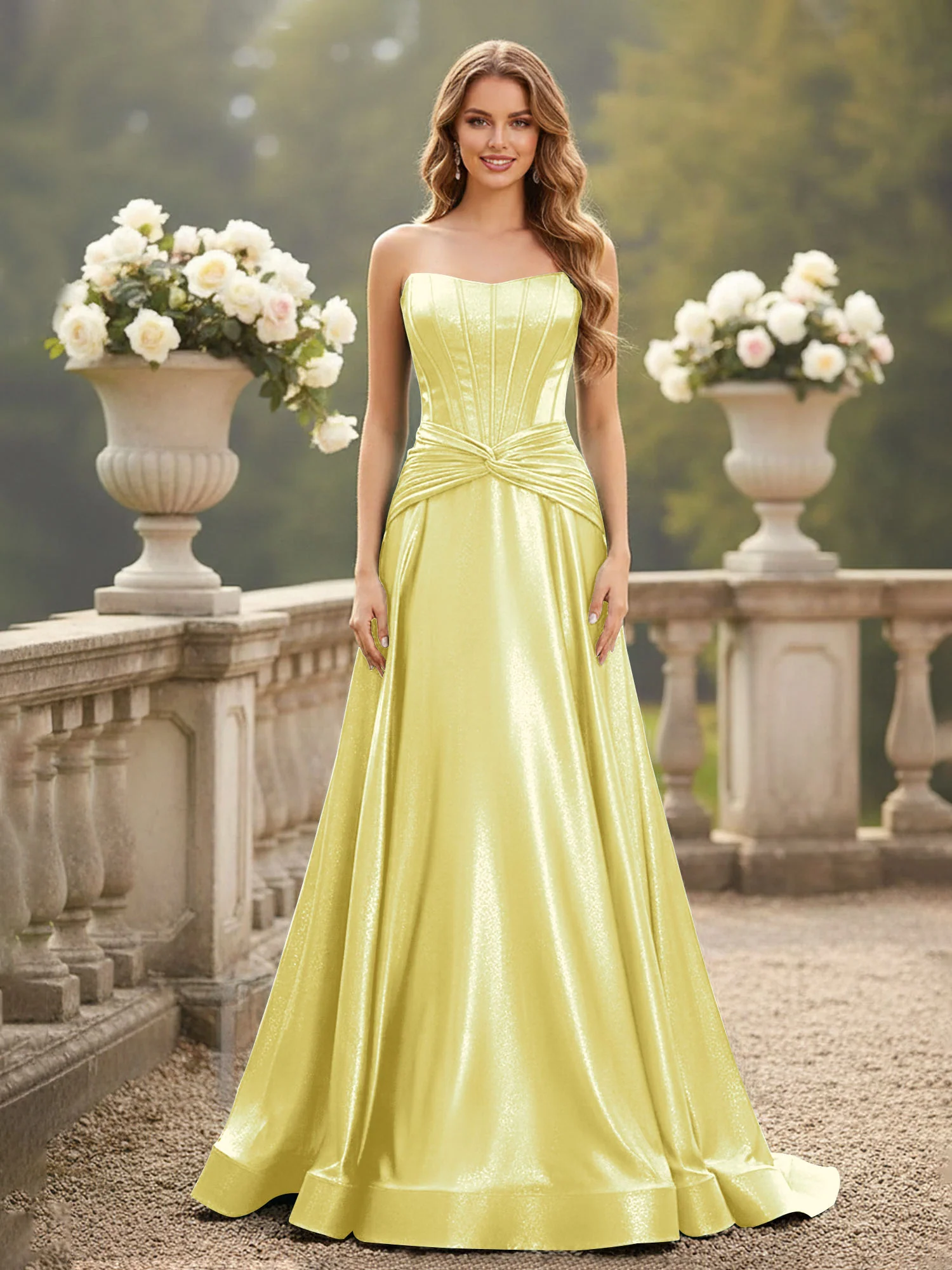 Strapless Pleated A-Line Sweep Train Gown Daffodil