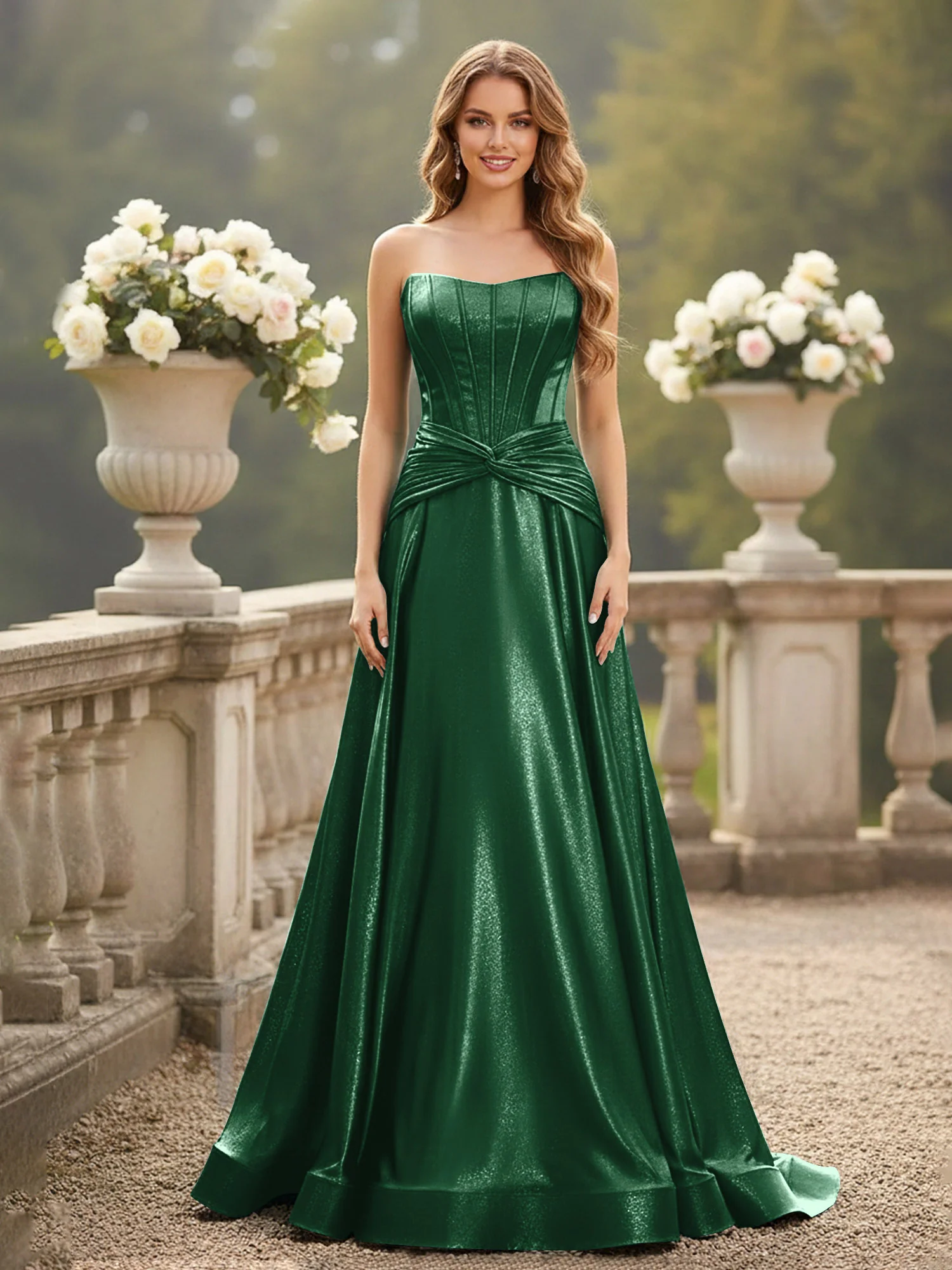Strapless Pleated A-Line Sweep Train Gown Dark Green
