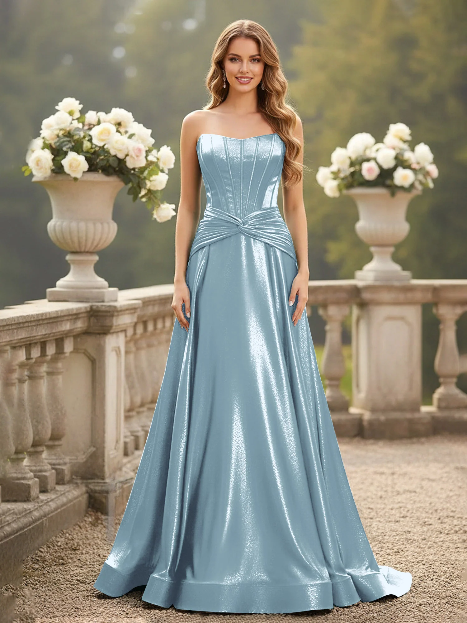 Strapless Pleated A-Line Sweep Train Gown Dusty Blue