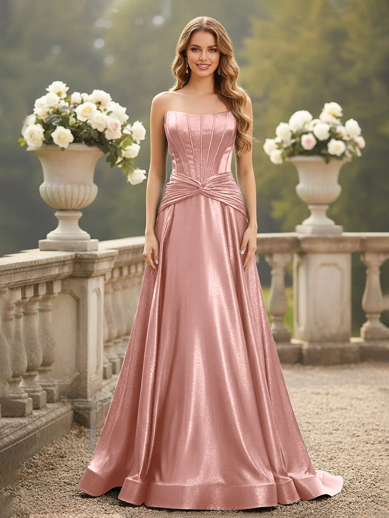 Strapless Pleated A-Line Sweep Train Gown Dusty Rose