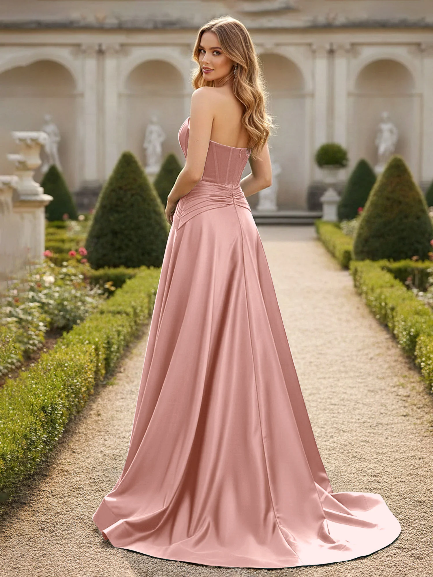 Strapless Pleated A-Line Sweep Train Gown Dusty Rose - Image 2