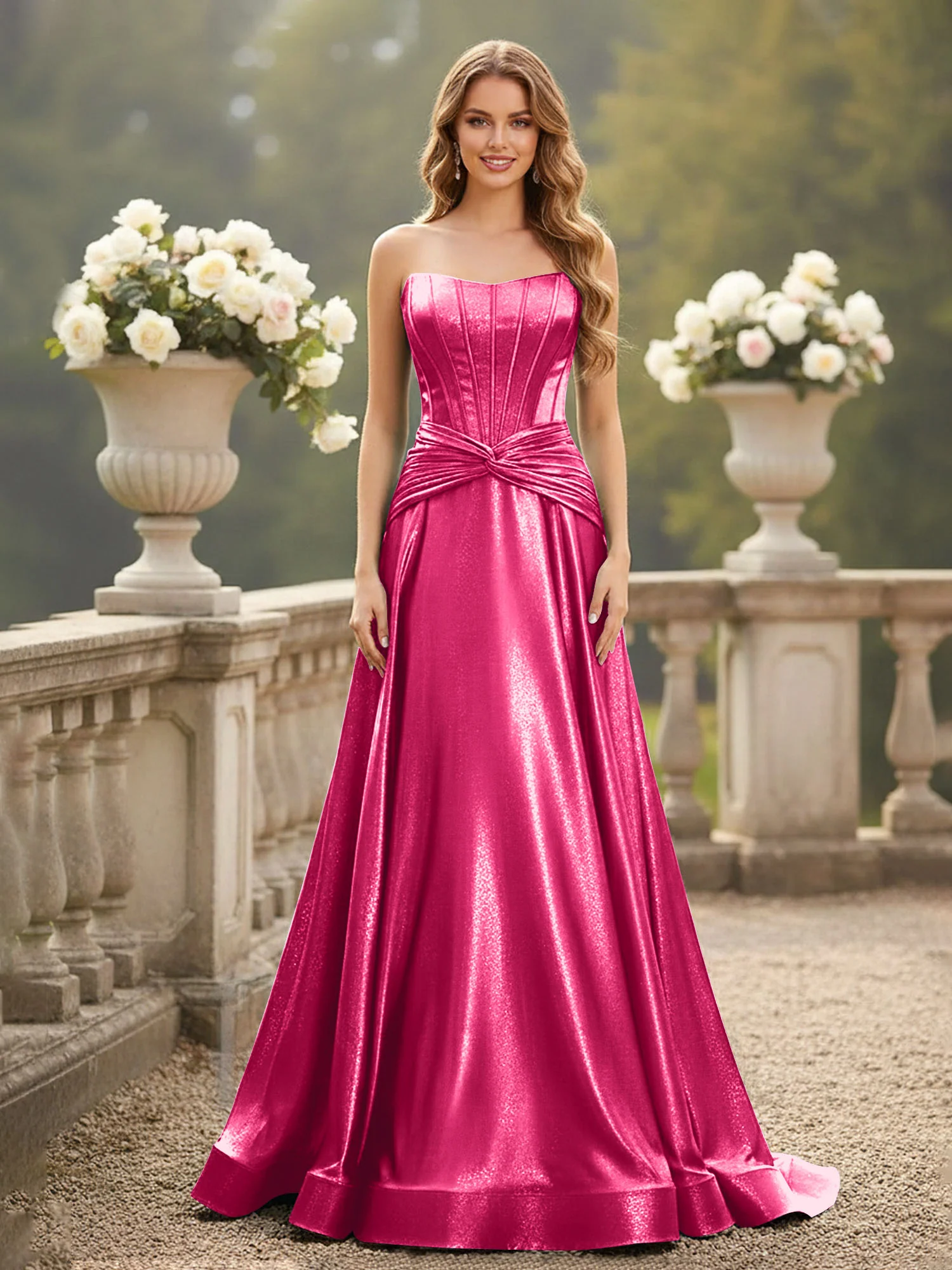 Strapless Pleated A-Line Sweep Train Gown Fuchsia