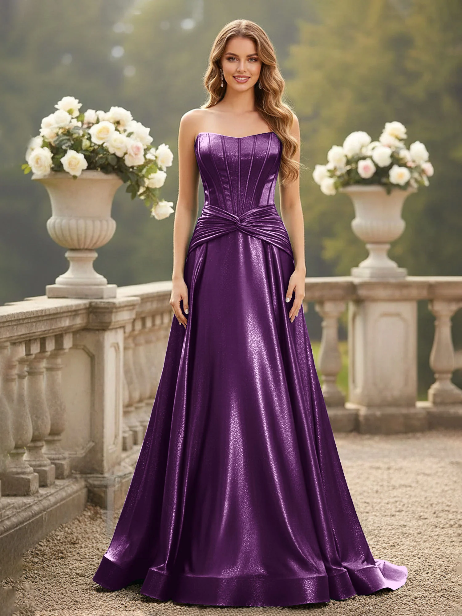 Strapless Pleated A-Line Sweep Train Gown Grape