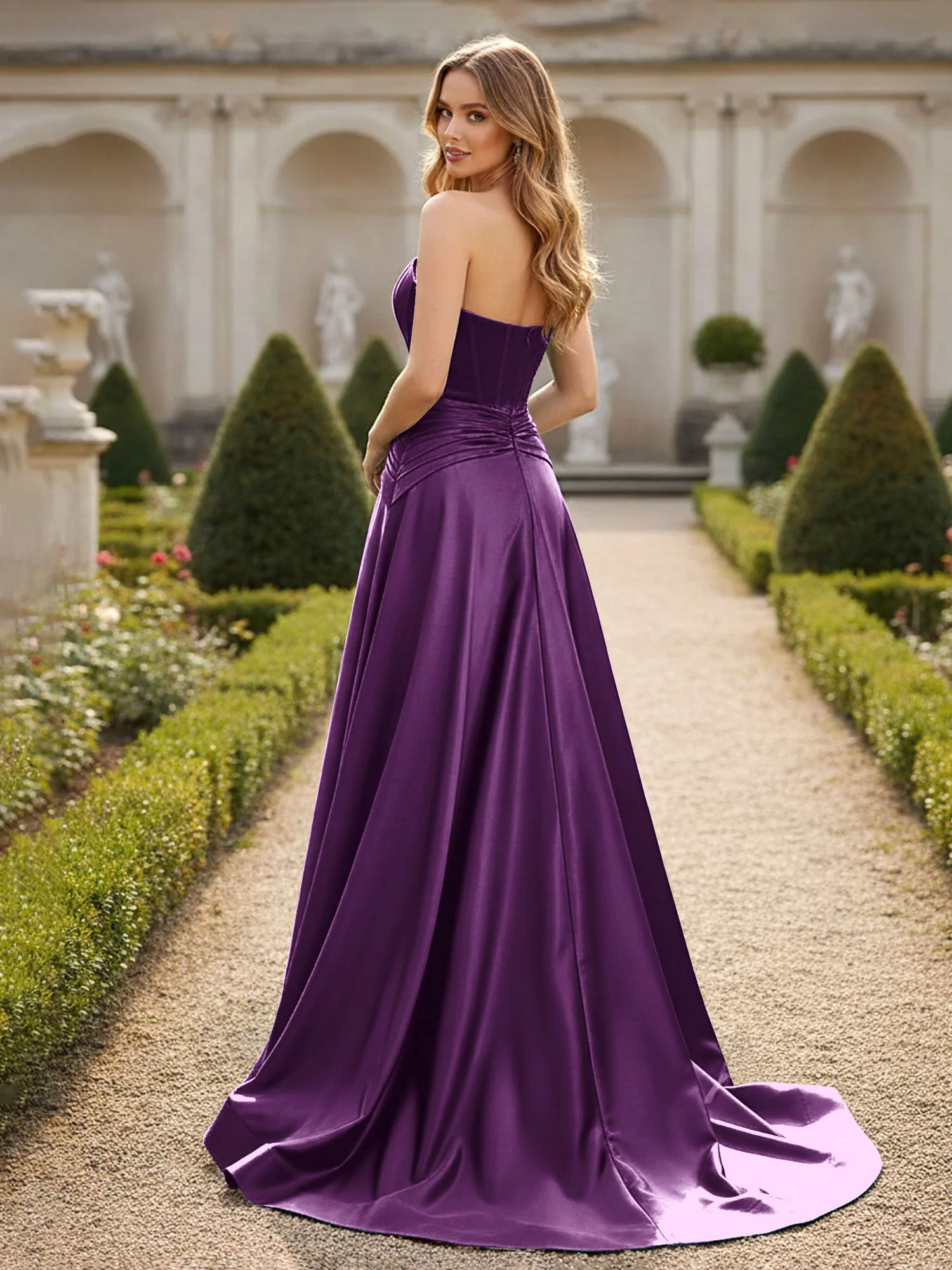 Strapless Pleated A-Line Sweep Train Gown Grape - Image 2
