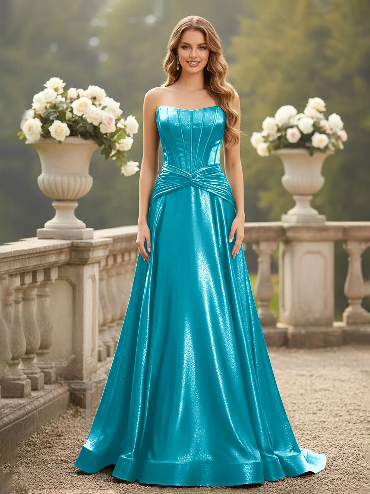 Strapless Pleated A-Line Sweep Train Gown Jade