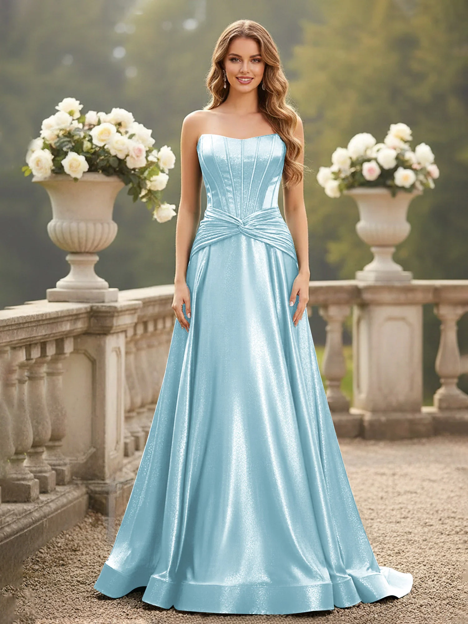 Strapless Pleated A-Line Sweep Train Gown Mist