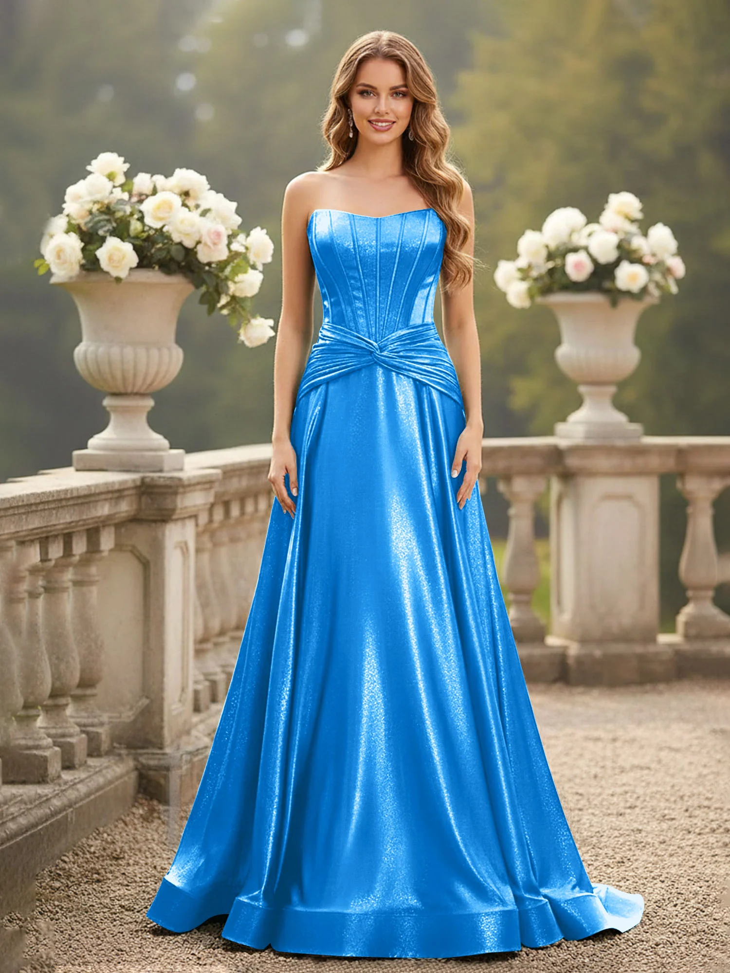 Strapless Pleated A-Line Sweep Train Gown Ocean Blue