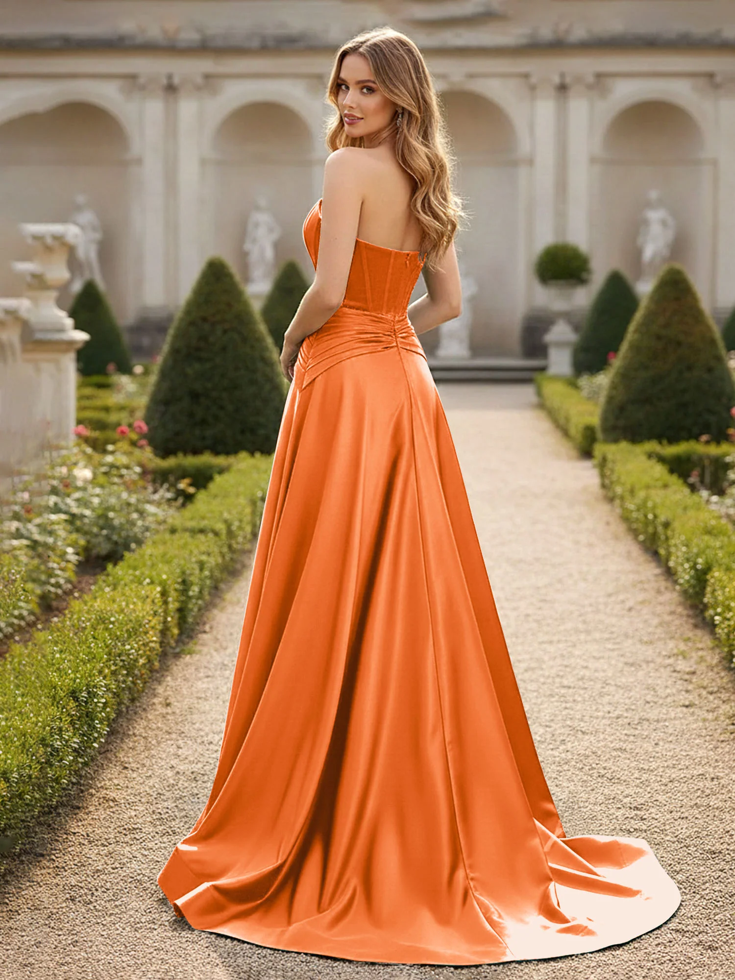 Strapless Pleated A-Line Sweep Train Gown Orange - Image 2