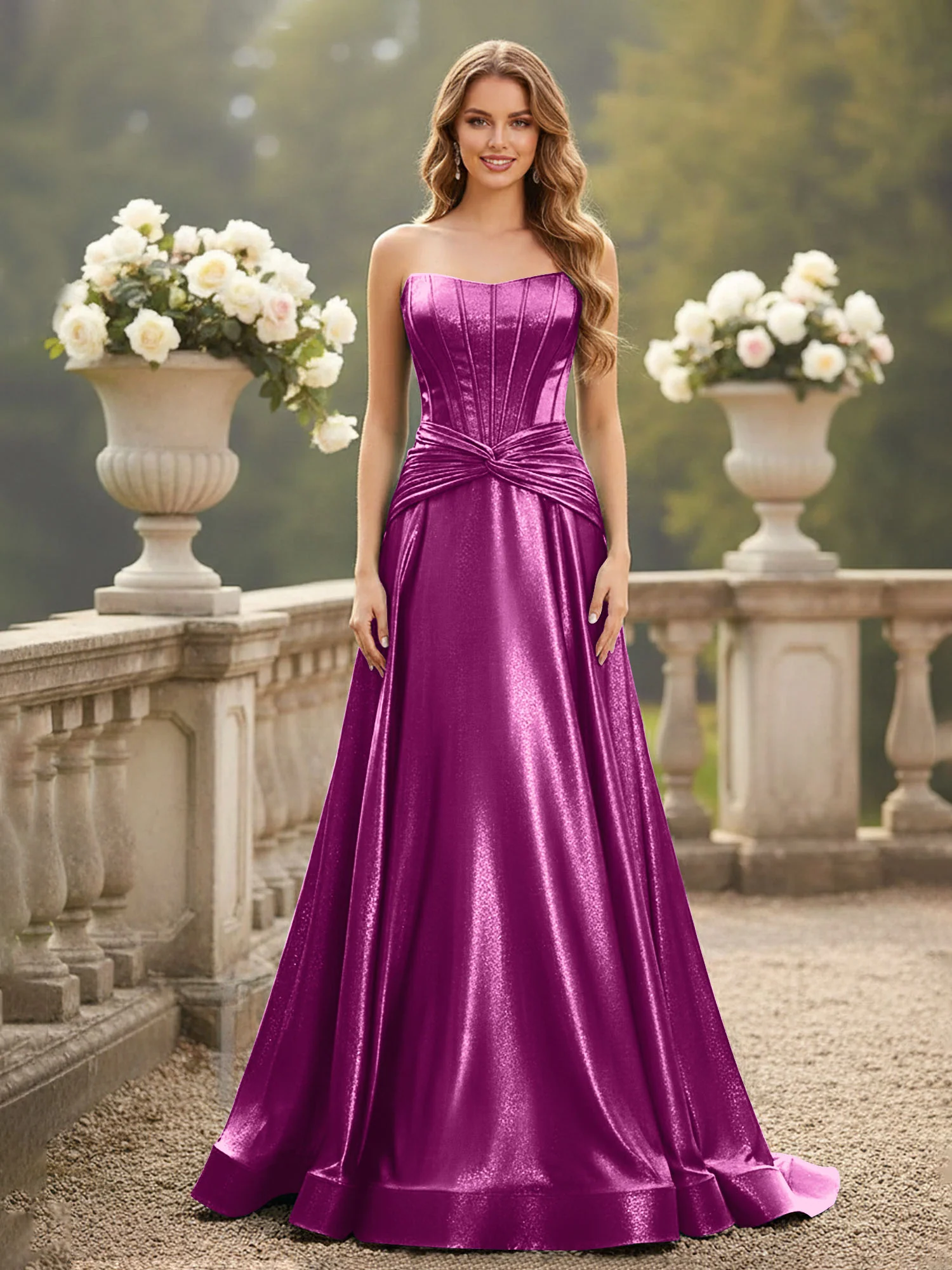 Strapless Pleated A-Line Sweep Train Gown Orchid
