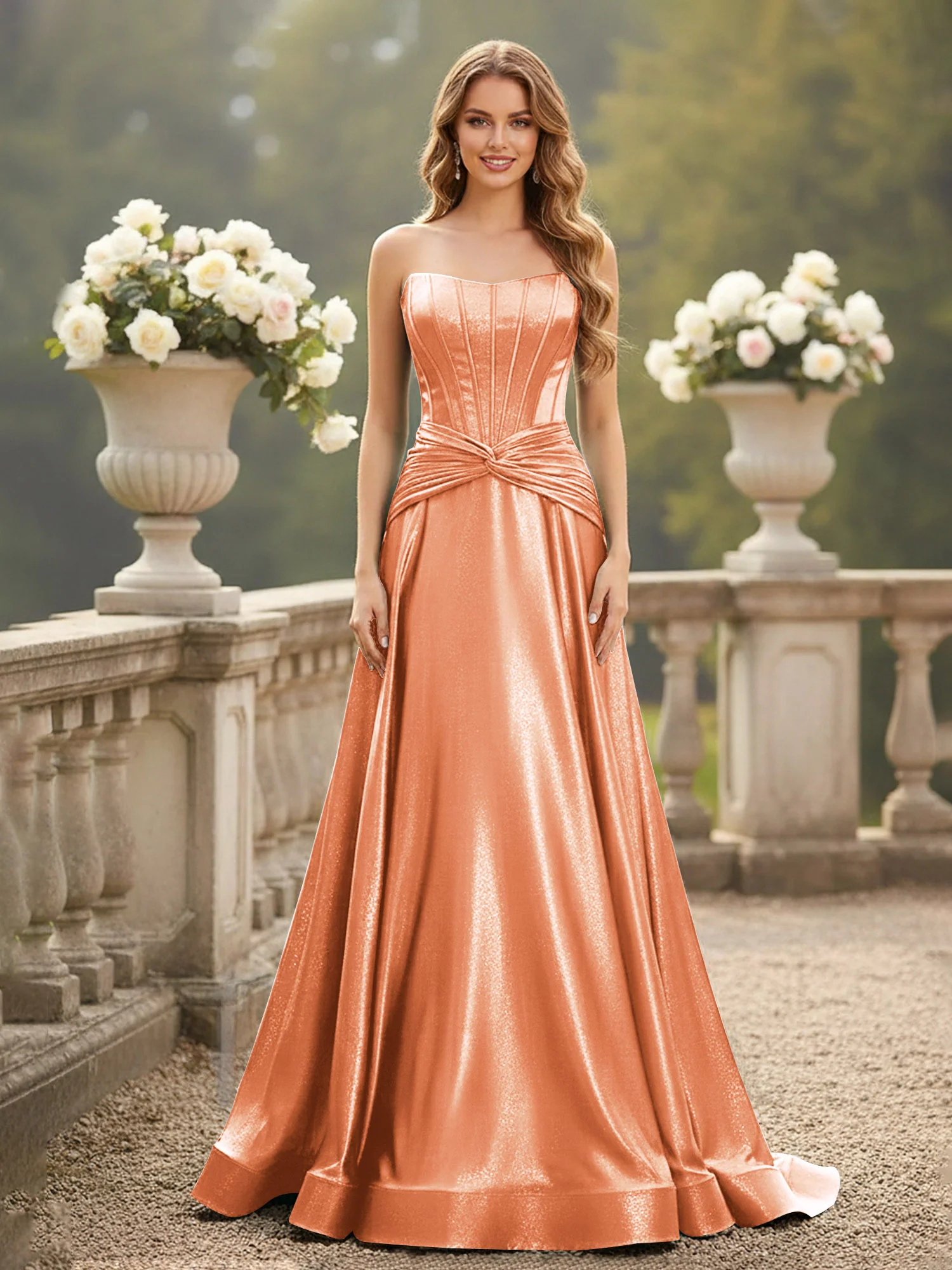 Strapless Pleated A-Line Sweep Train Gown Papaya