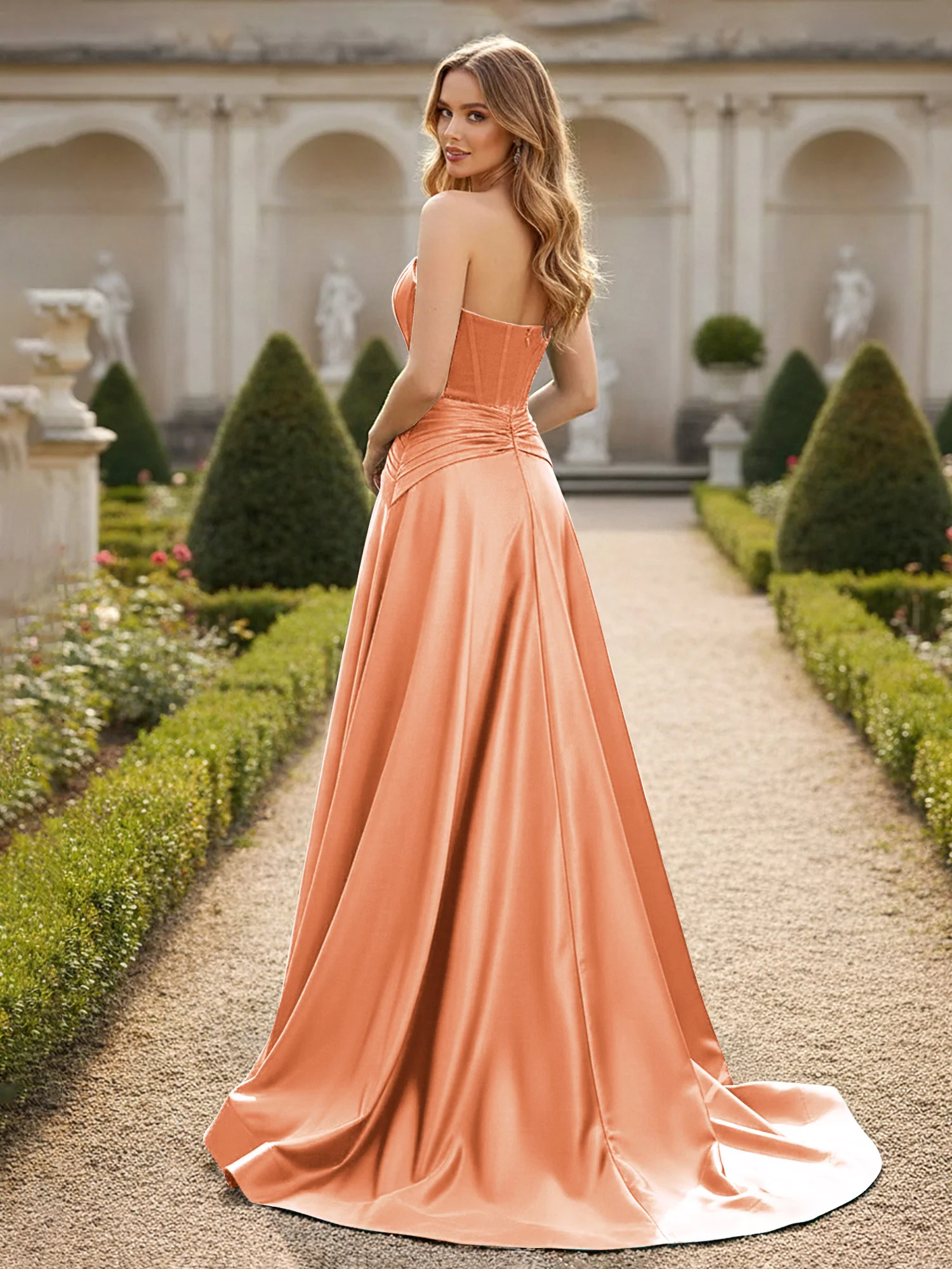 Strapless Pleated A-Line Sweep Train Gown Papaya - Image 2