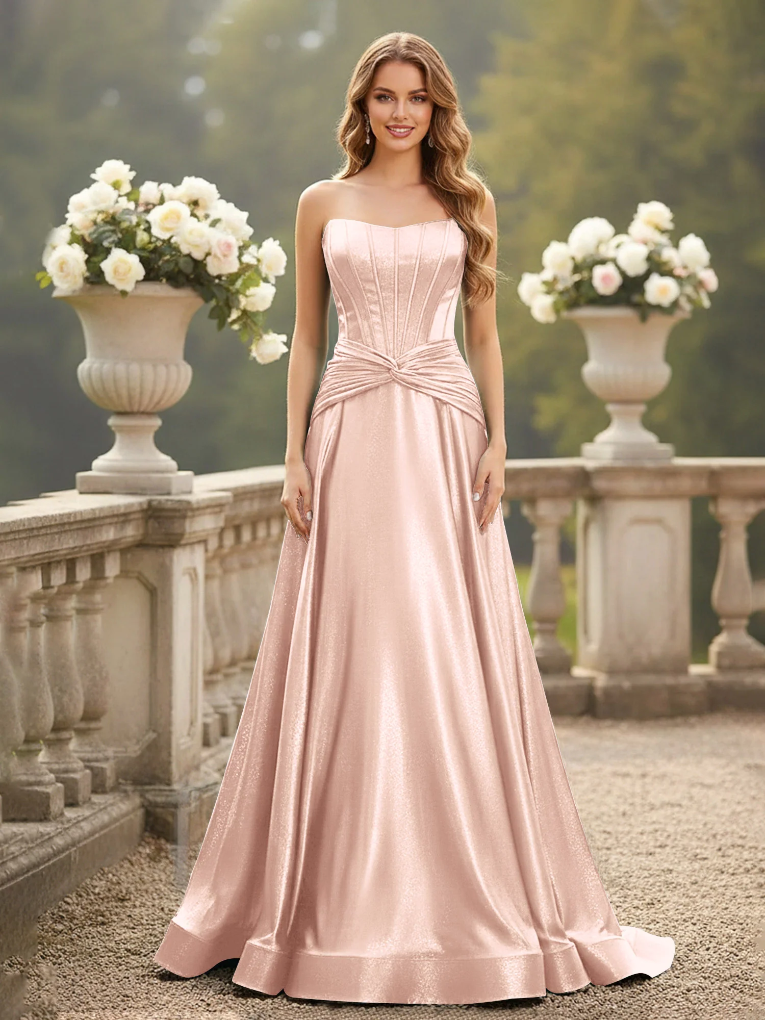 Strapless Pleated A-Line Sweep Train Gown Pearl Pink