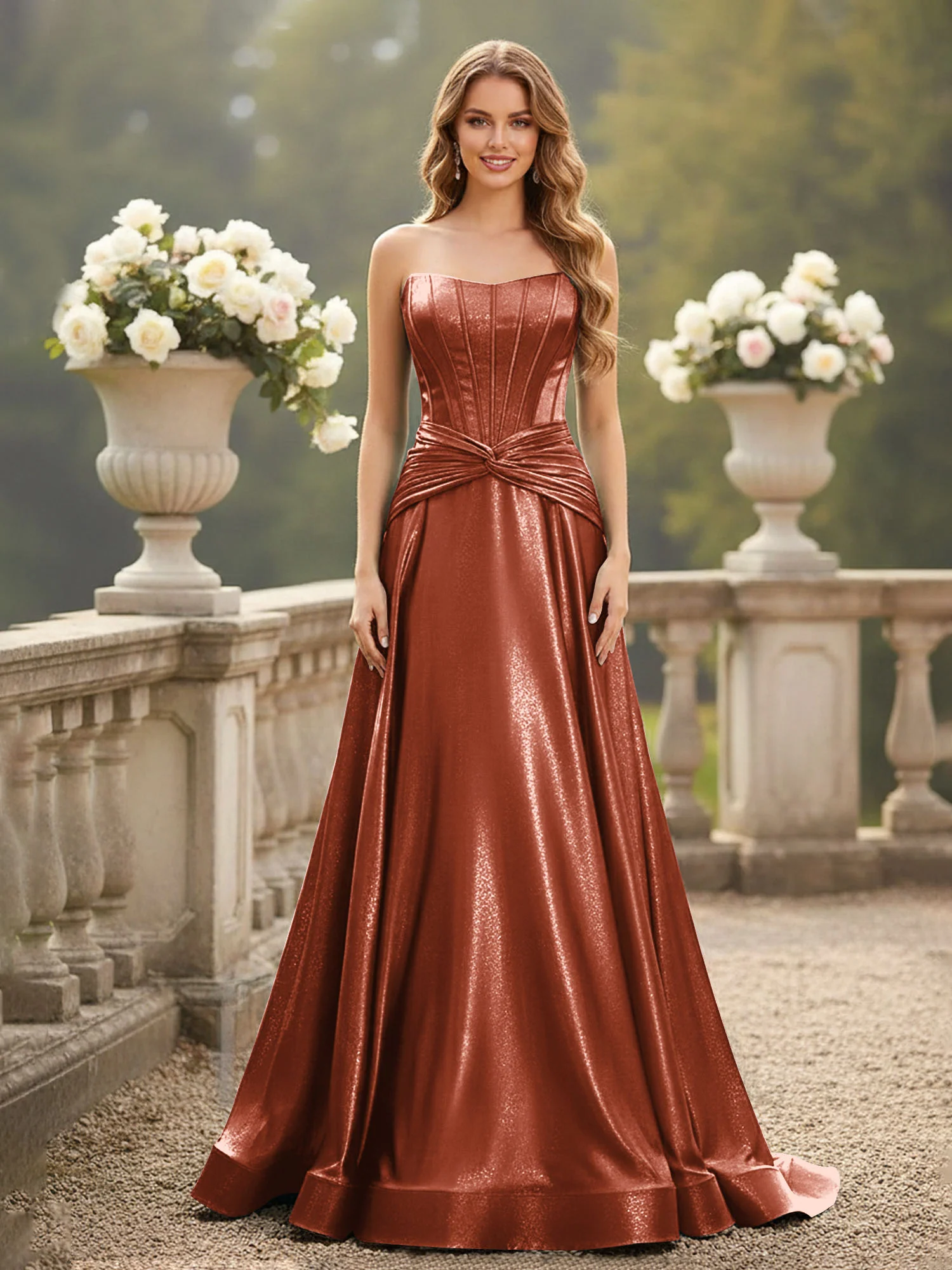Strapless Pleated A-Line Sweep Train Gown Rust