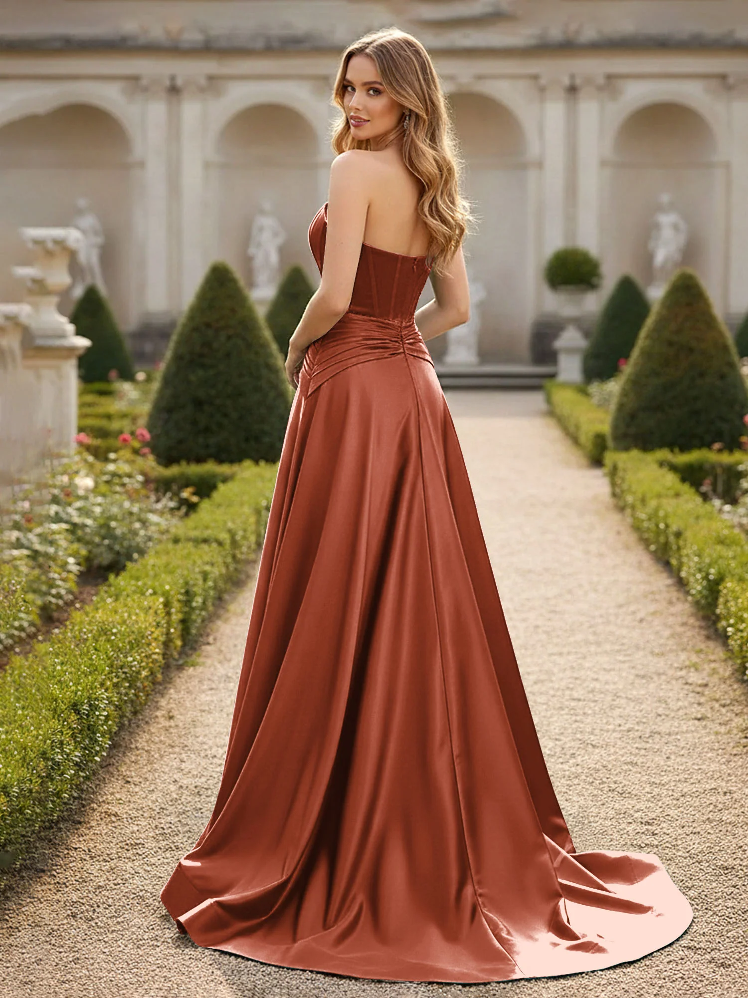 Strapless Pleated A-Line Sweep Train Gown Rust - Image 2