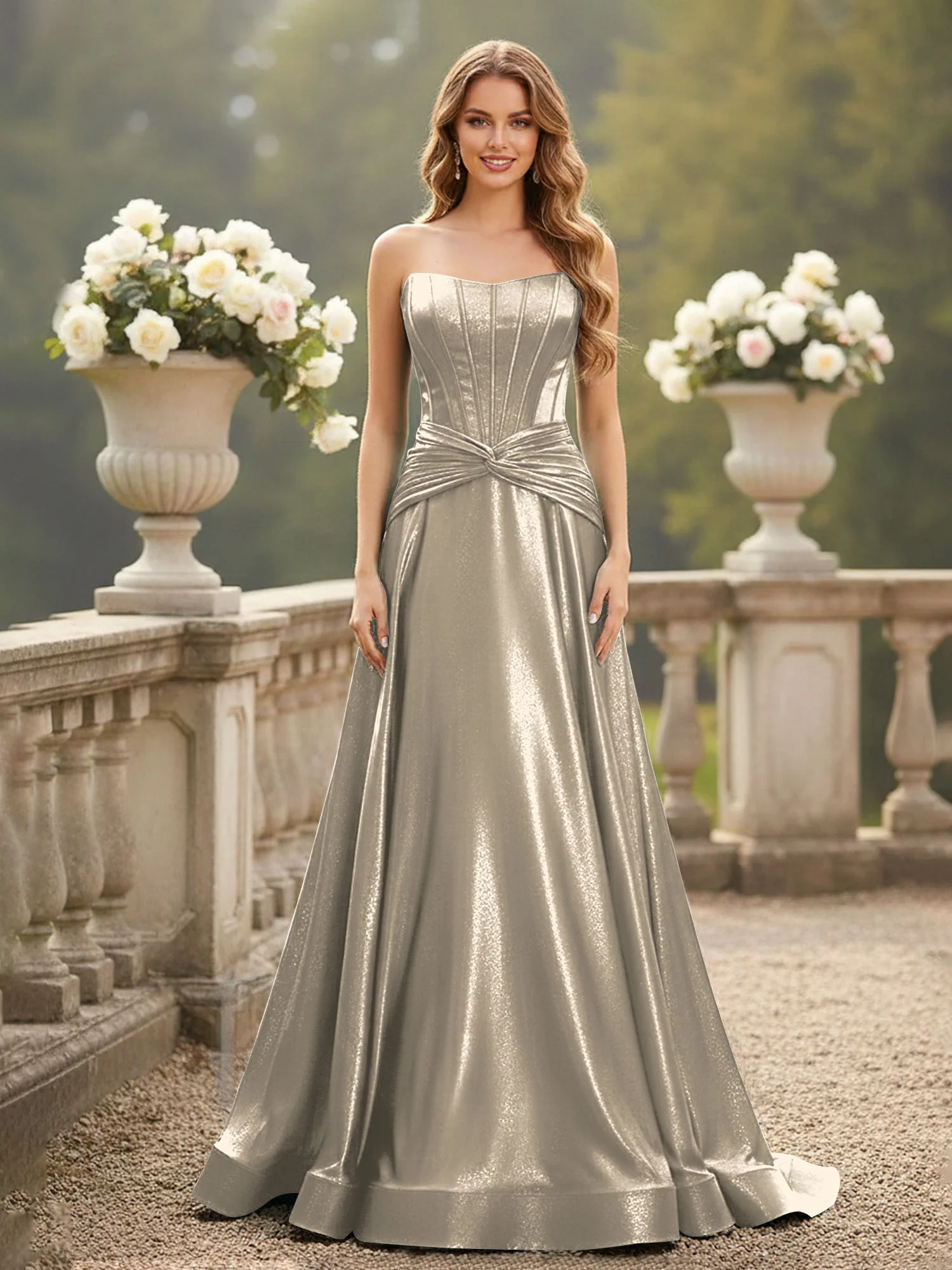 Strapless Pleated A-Line Sweep Train Gown Taupe