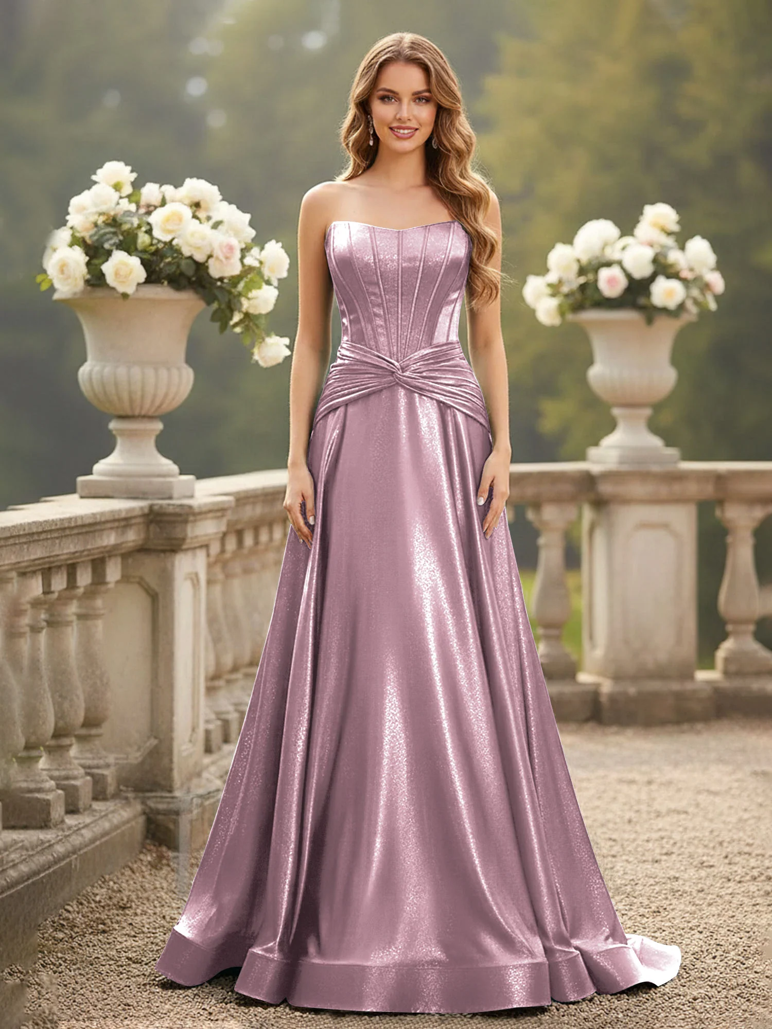 Strapless Pleated A-Line Sweep Train Gown Vintage Mauve