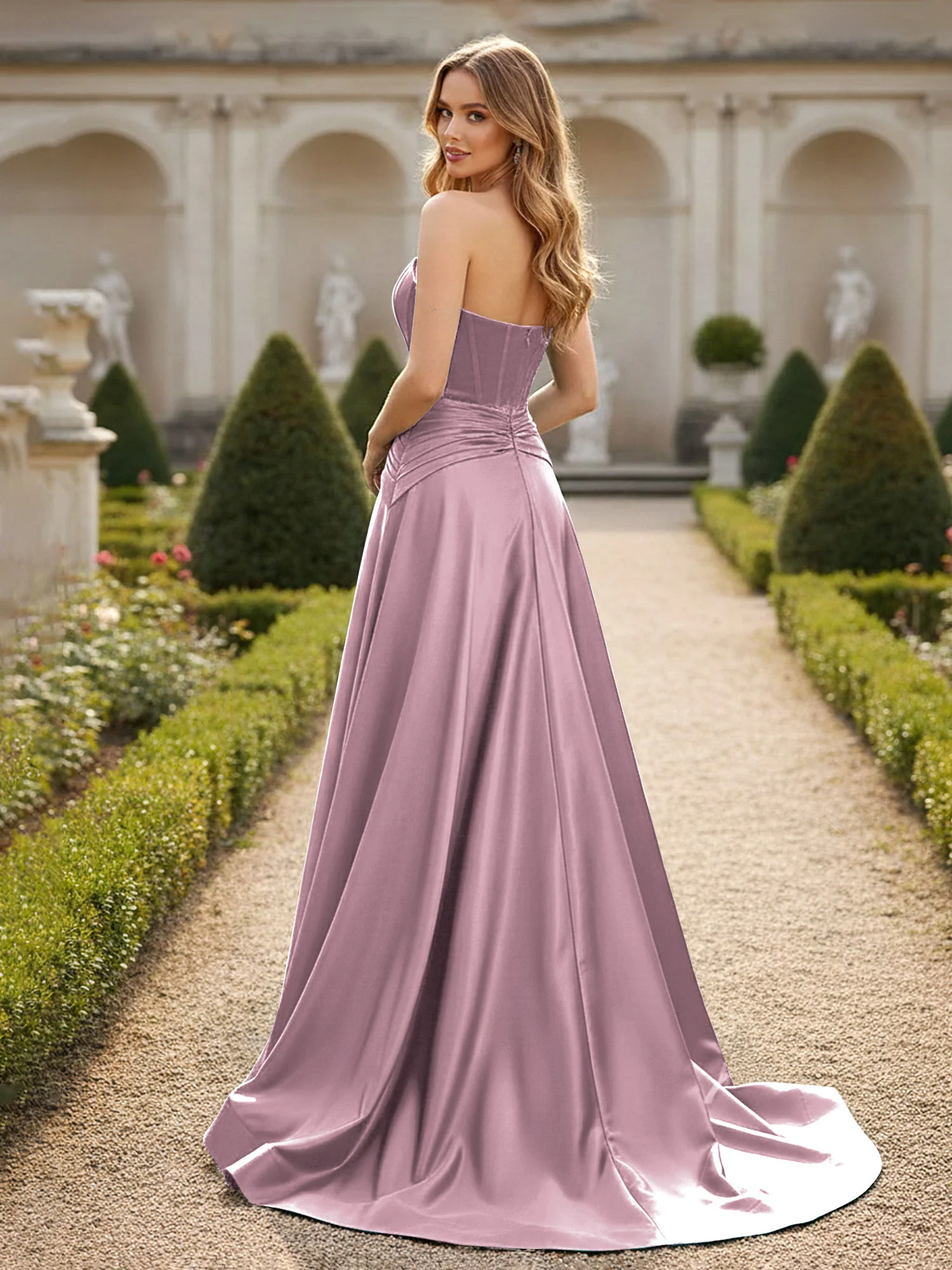 Strapless Pleated A-Line Sweep Train Gown Vintage Mauve - Image 2